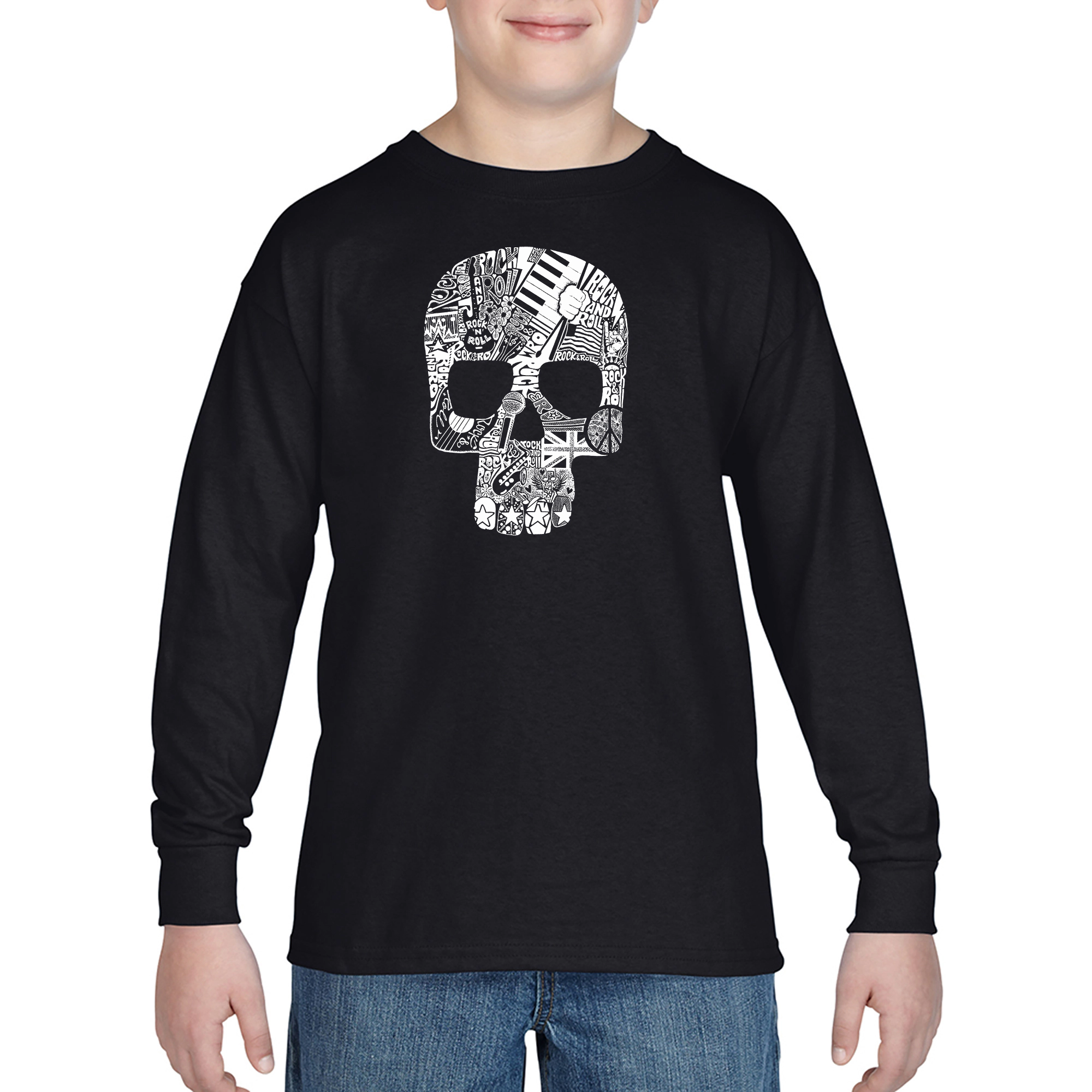 LA Pop Art Boys Long Sleeve T-Shirt - Rock n Roll Skull