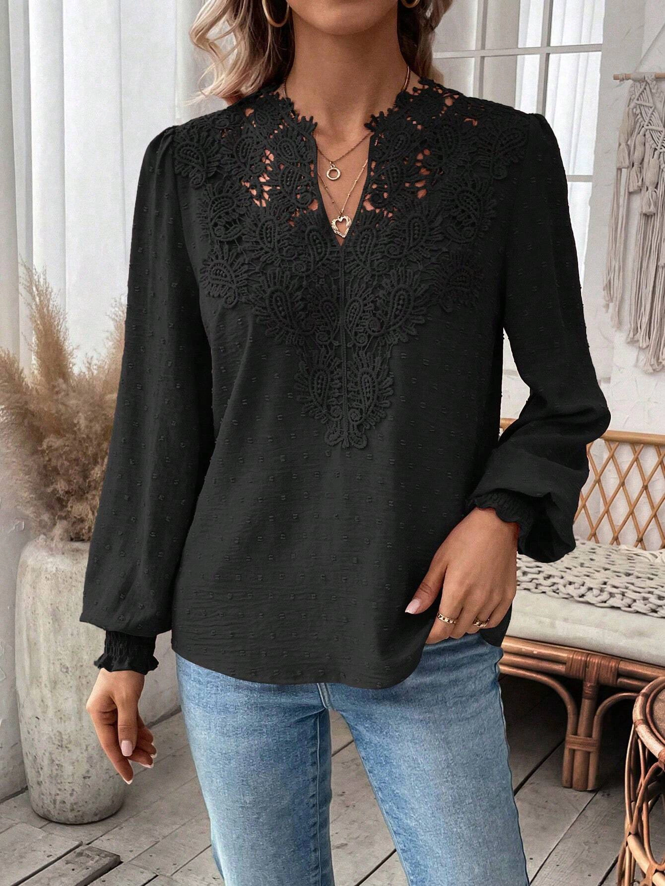 Enchanted Funland Womens Lace V Neck Blouse Puff Long Sleeve Chiffon Shirts