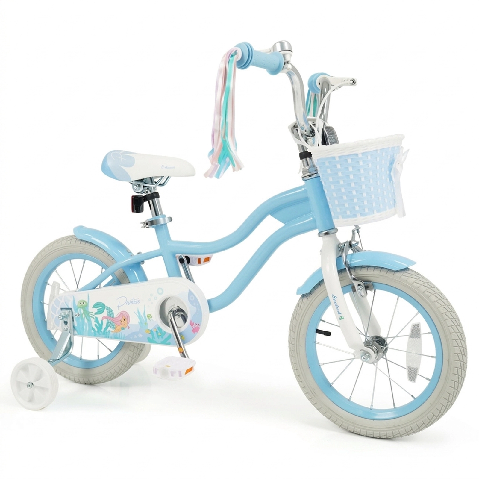 SUGIFT 14-in Blue Kids Bike with Training Wheels Storage Basket Streamers and Mermaid Graphics