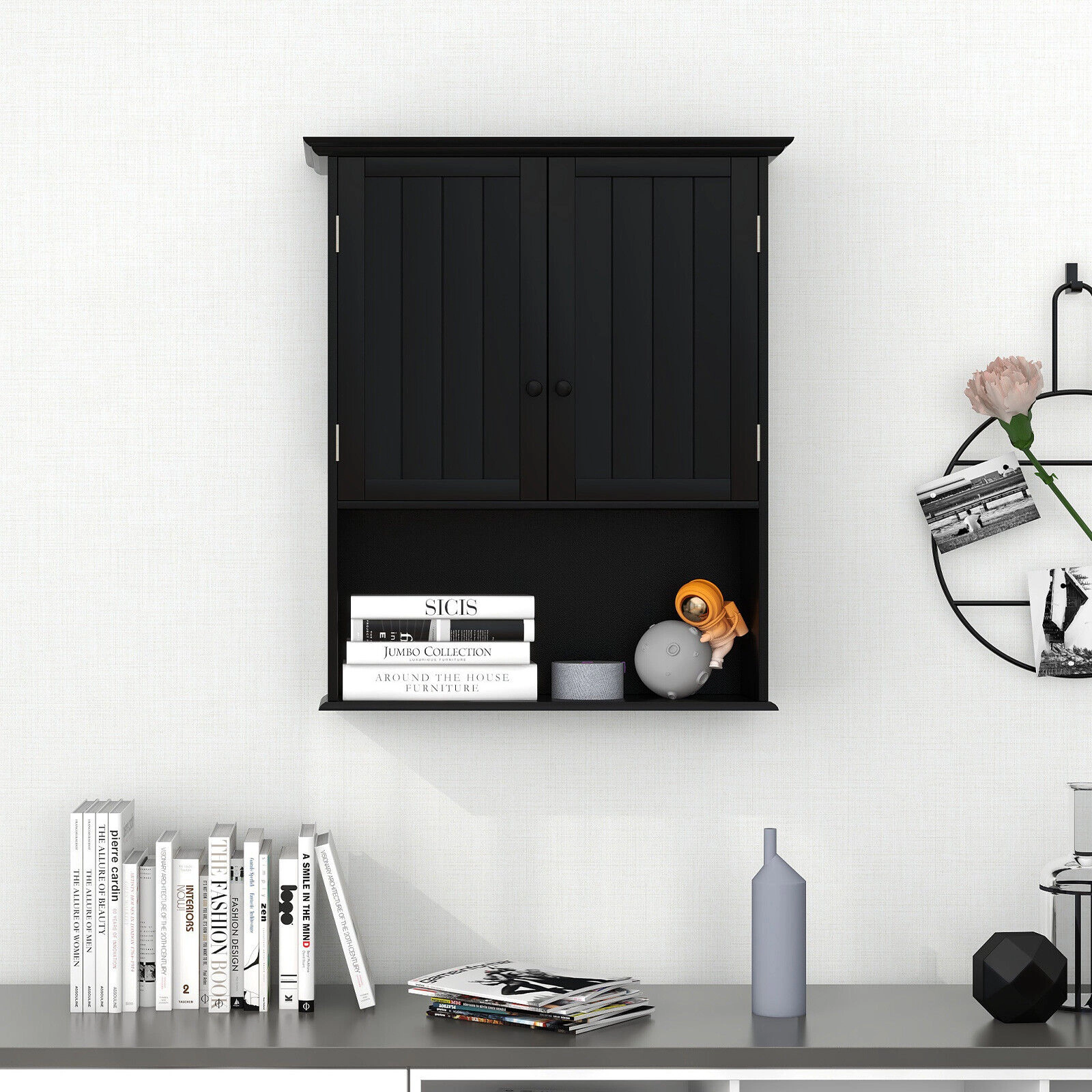 SUGIFT Adjustable 2-Door Wall Mount Bathroom Storage Cabinet with Open Shelf 11-lb Capacity MDF 23.5-in Wide Black