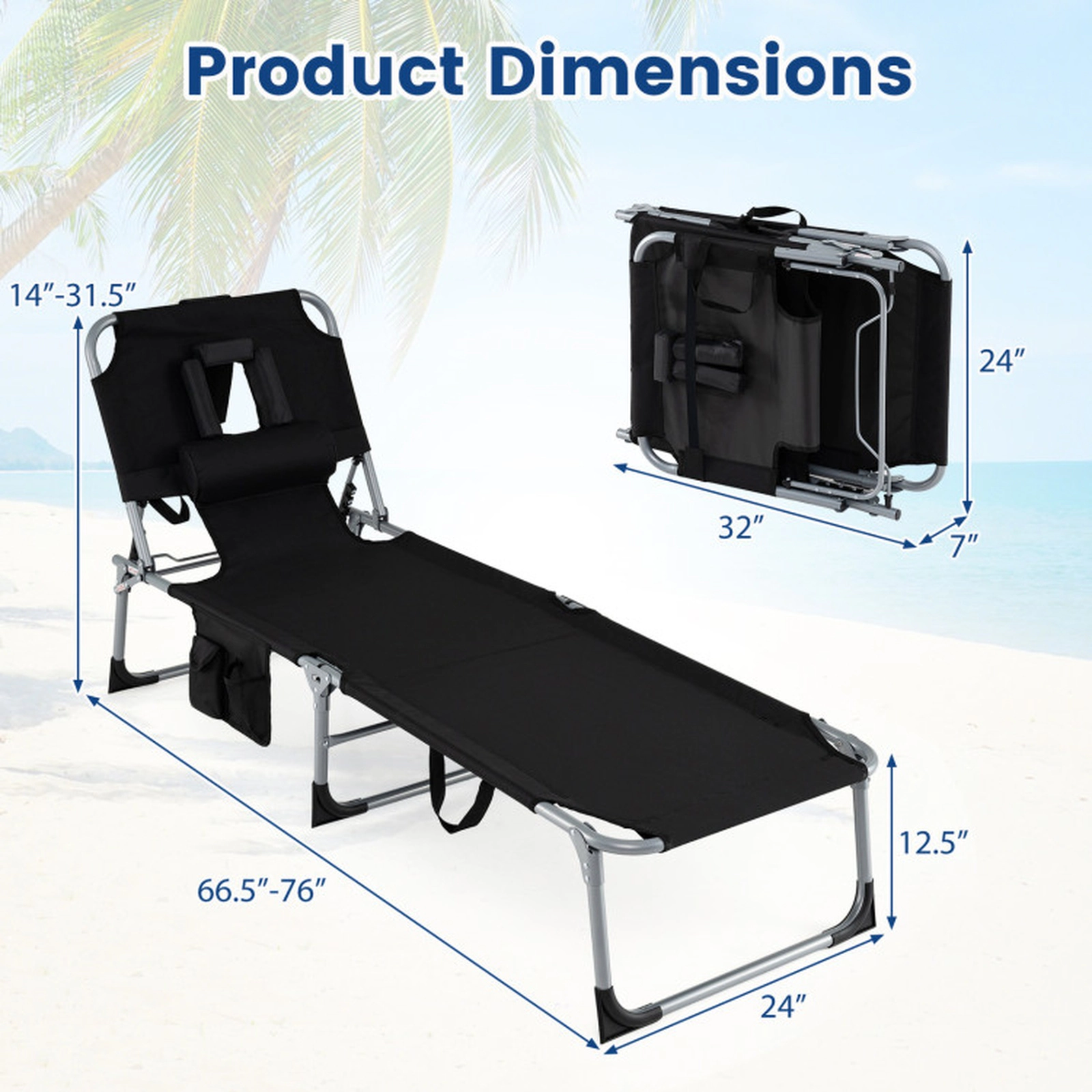 SUGIFT Adjustable Folding Tanning Chair with Face and Arm Holes 330-lb Capacity Black