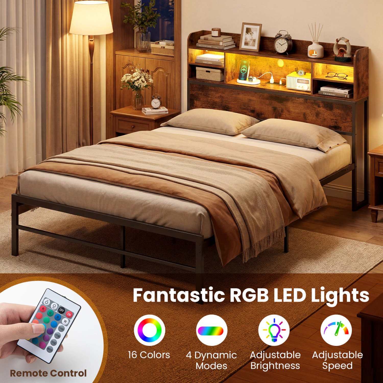 LJG Full Size Bed Frame with Headboard LED Lights and Charging Station