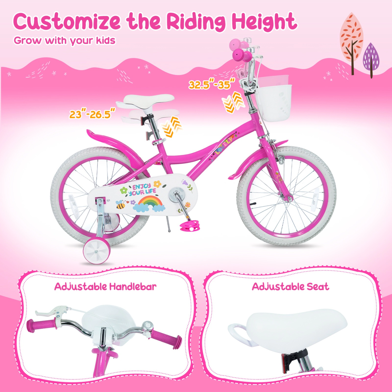 SUGIFT Adjustable 18-in Girls Bike Basket, Training Wheels & Reflectors 132-lb Seat Capacity Ages 4-8 Spring Party Pink