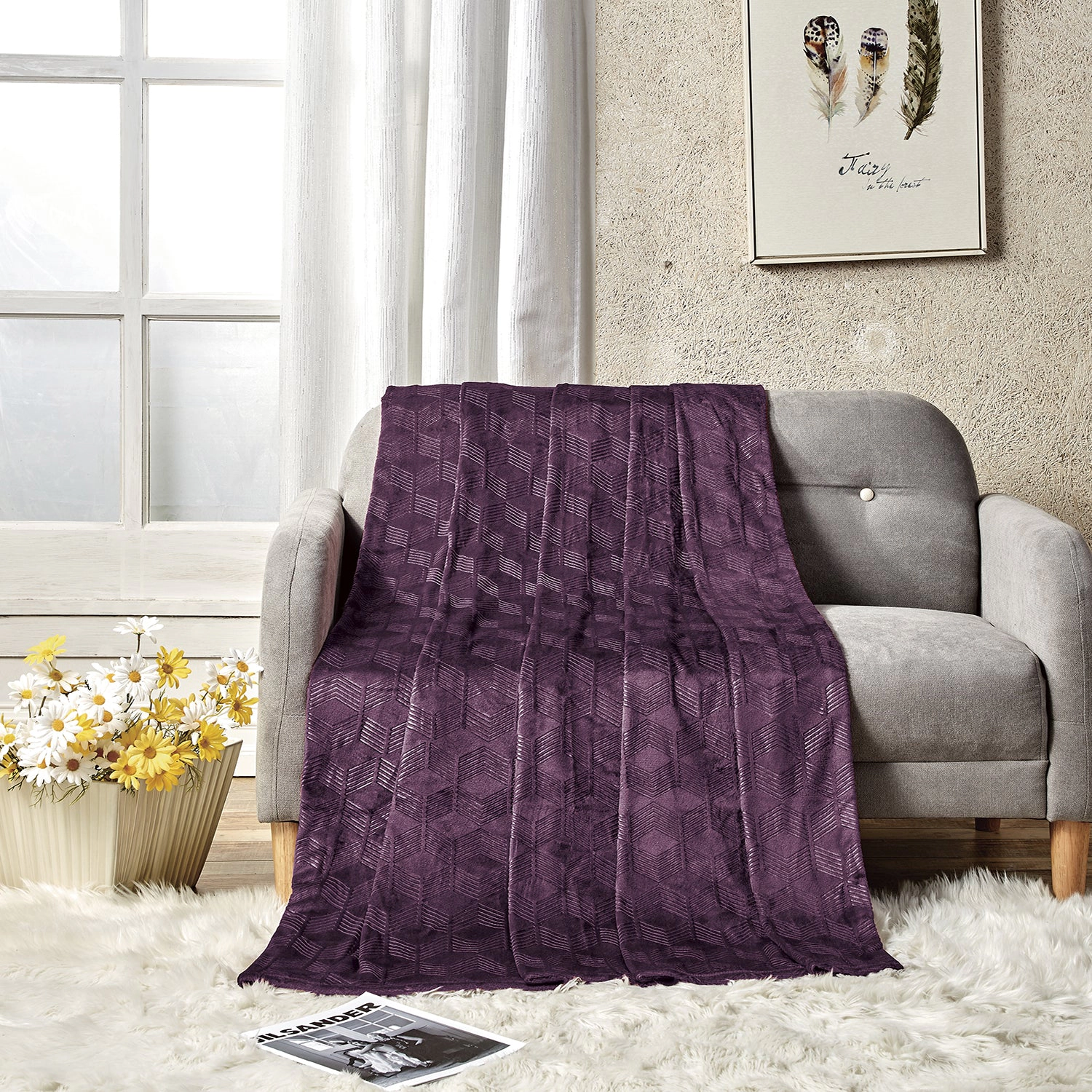Amrani Soft Premium Microplush Bedcover Embossed Blanket Plum by Plazatex