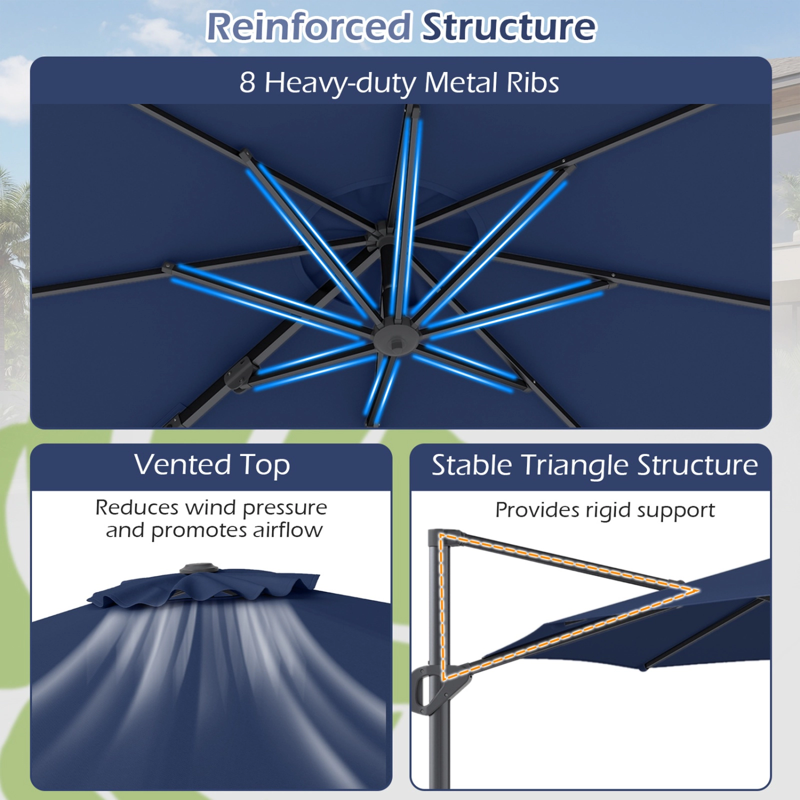 SUGIFT 10-ft Navy Offset Cantilever Patio Umbrella, 40-in Cross Base, 360-Degree Swivel