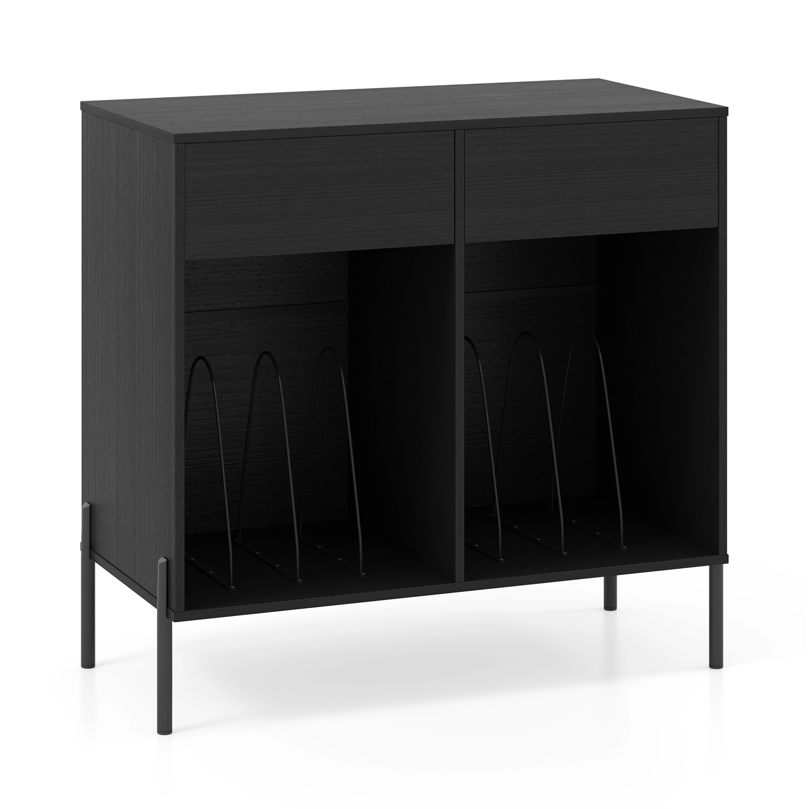 SUGIFT Record Player Stand Power Outlets Double Wide Turntable Stand Vinyl Record Storage Accent Cabinet 220-lb Capacity