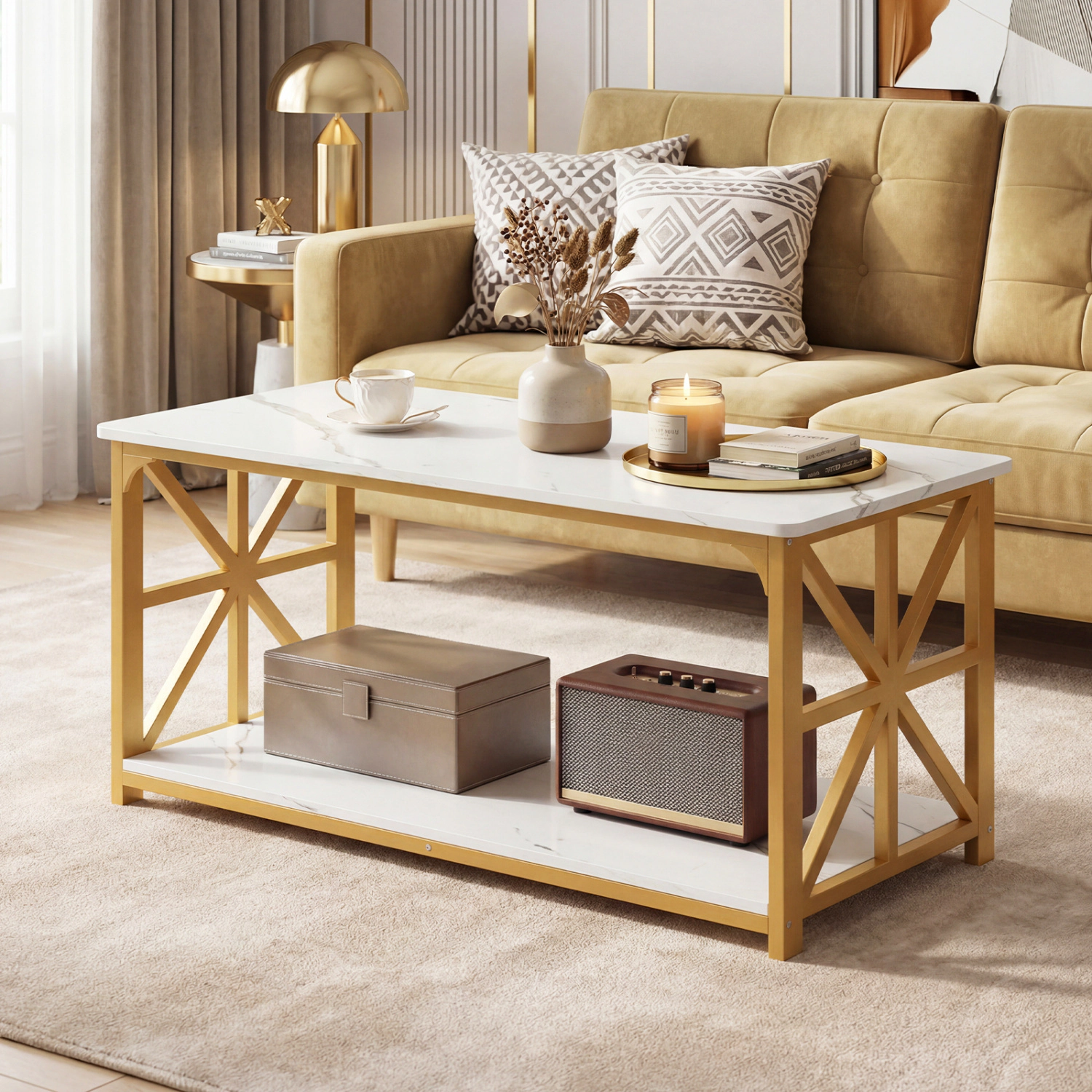 Glintex 2-Tier 43-Inch Coffee Table with X-Shaped Carbon Steel Accents