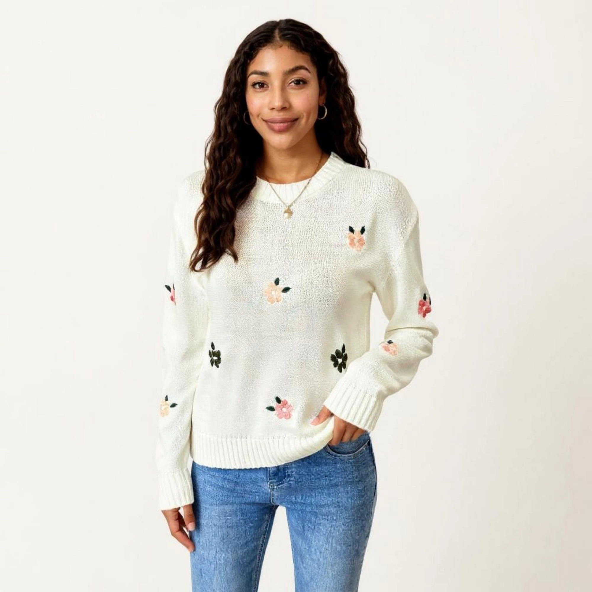 Anna-Kaci Women's Floral Embroidered Knit Sweater with Ribbed Hem Long Sleeves