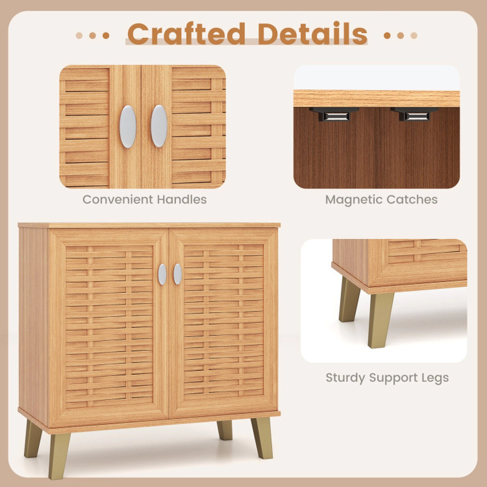 SUGIFT 4-Tier Teakwood 29.5-in Entryway Shoe Cabinet with 2 Ventilated Woven Doors and 3 Shelves