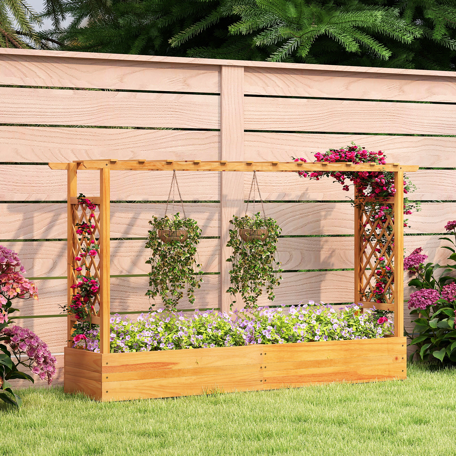 SUGIFT Natural Pine Raised Garden Bed with Flat Roof Top and 2 Side Trellises 77-in W 16.5-in D 45-in H
