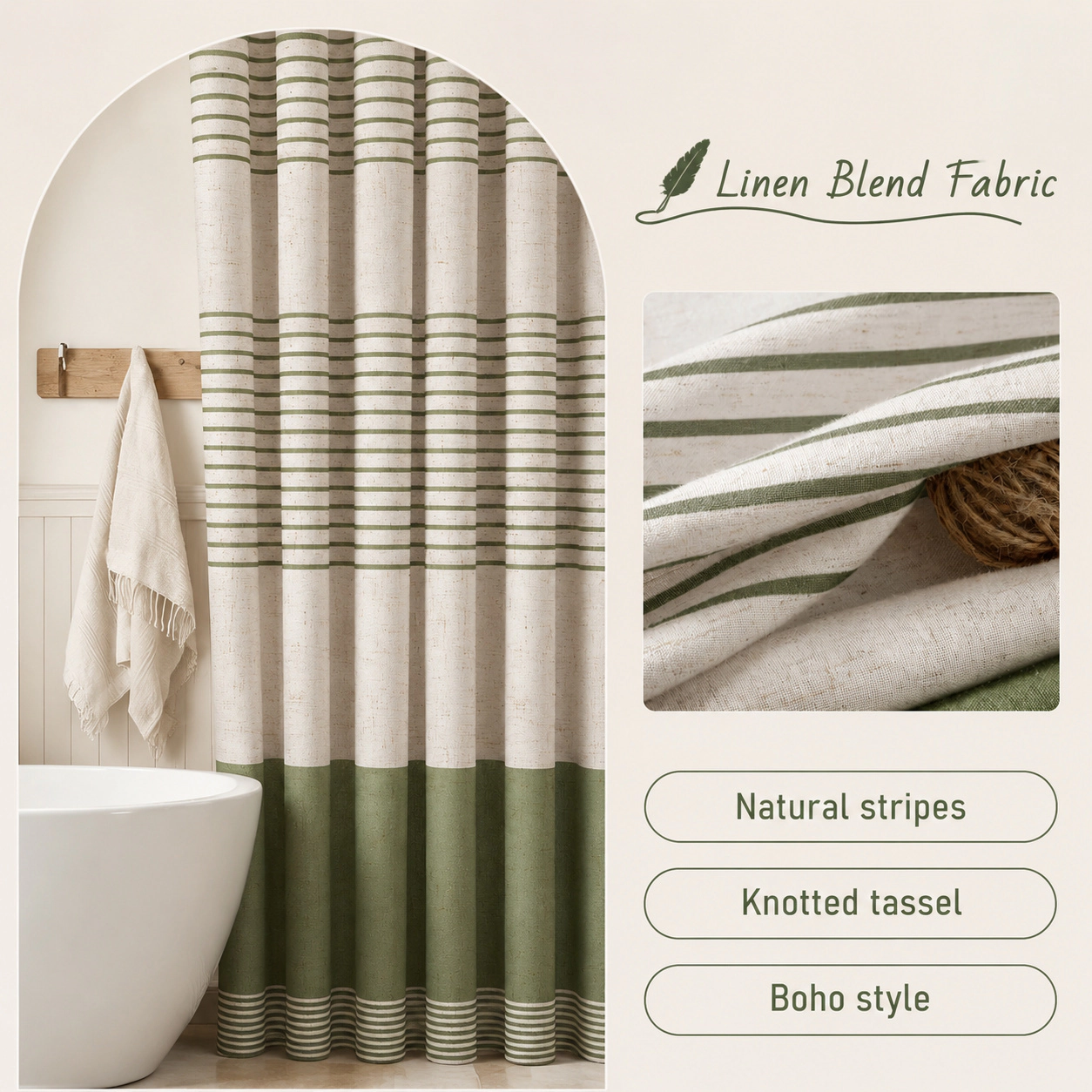 WZK Boho Farmhouse Striped Linen with Tassel Accent Rust Resistant Grommets Easy Care Bathroom Shower Curtain