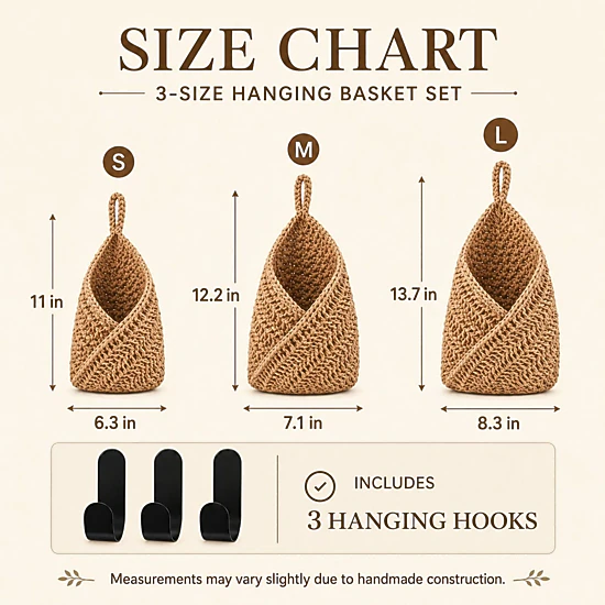 Alilang Unisex Woven Cotton Rope Hanging Basket Set Wall Storage Organizer with Hooks
