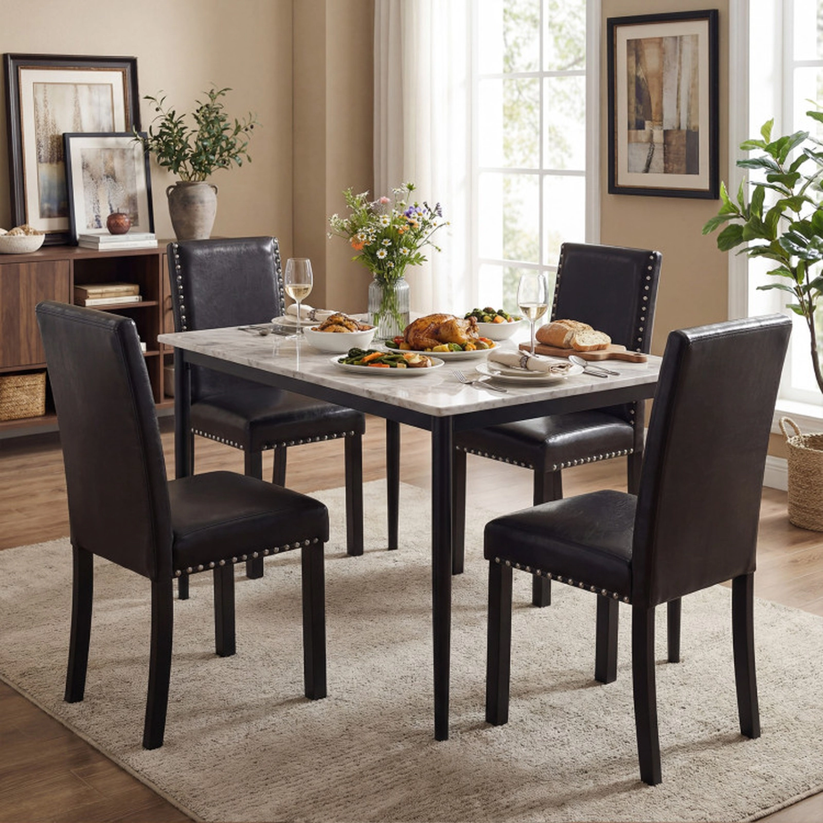 SUGIFT Set of 2 Brown Faux Leather Parsons Dining Chairs with Nailhead Trim