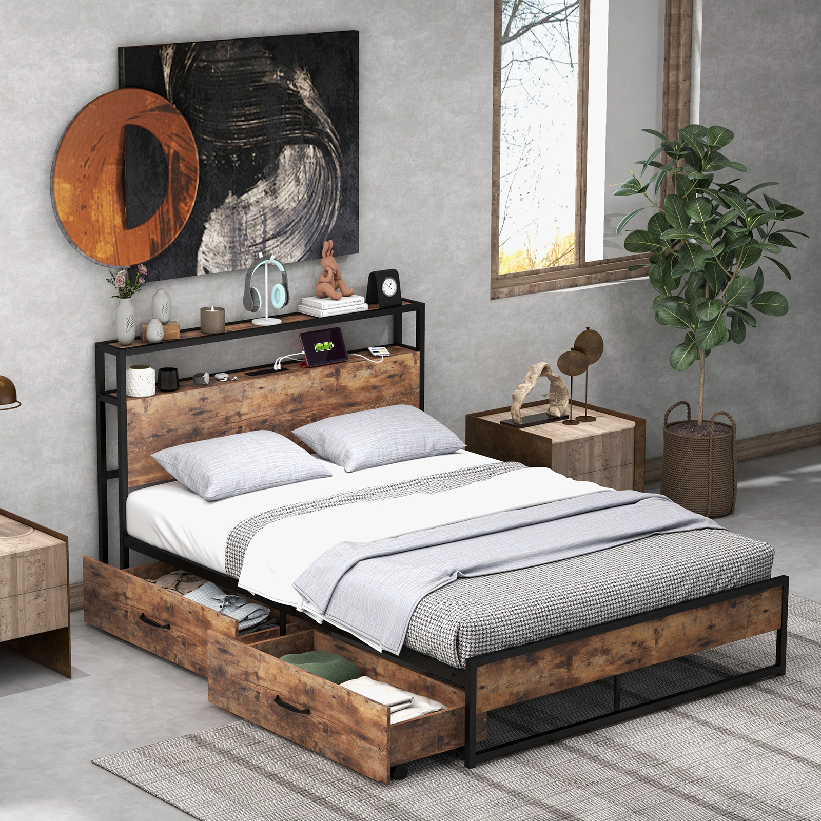 SUGIFT Full Size Metal Platform Bed with Storage Headboard, Charging Station and 2 Drawers, Rustic Brown