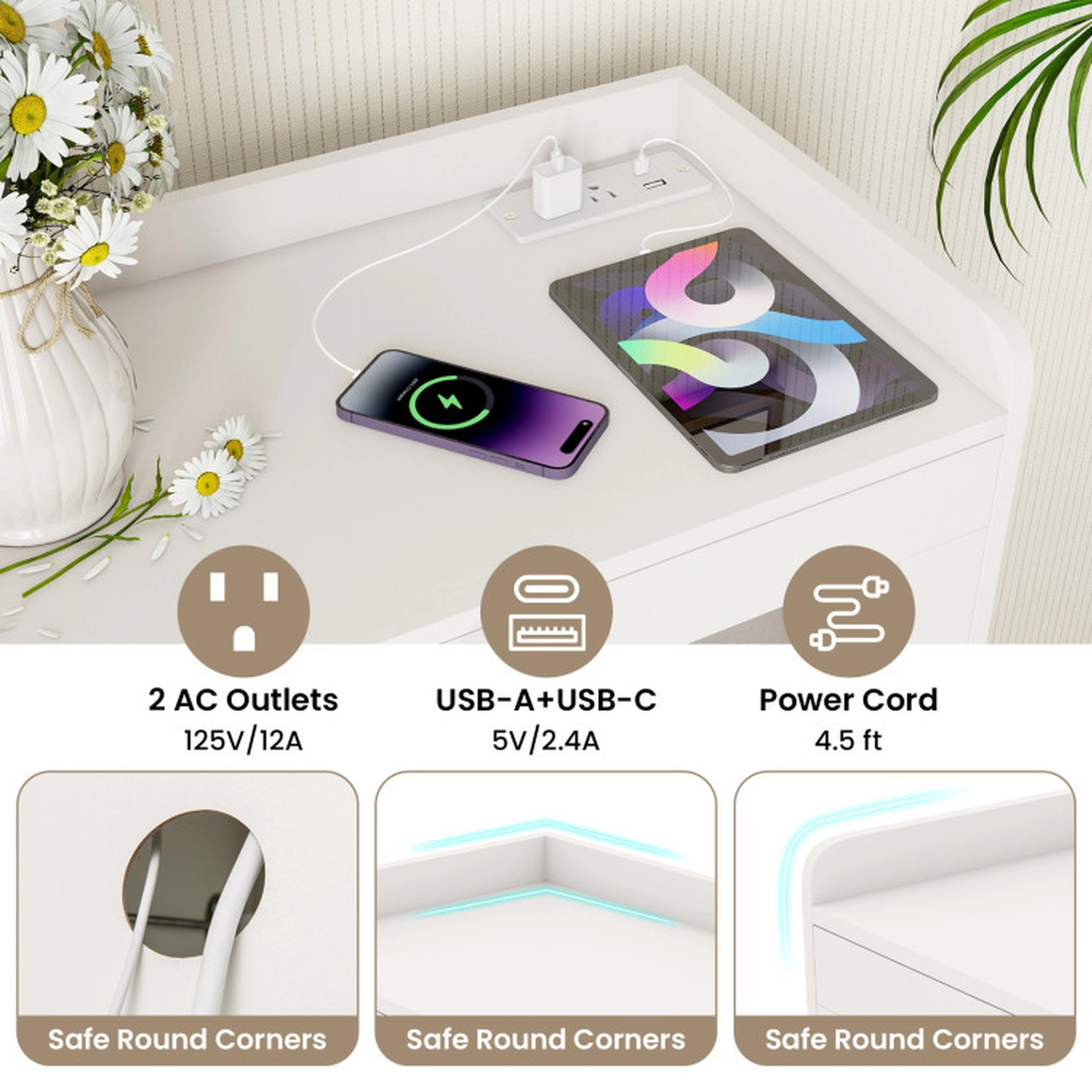SUGIFT 43.5-in LED Charging Station Acrylic Flip Door Kitchen Pantry Cabinet 23.5-in x 12-in 70-lb Capacity White