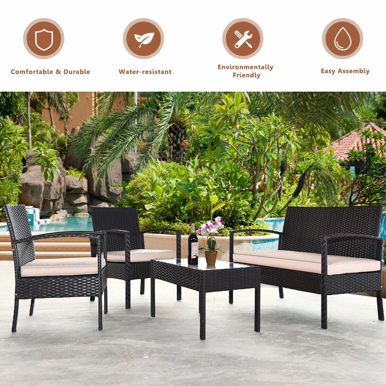 SUGIFT Loveseat 2 Sofas and Coffee Table 4-Piece Beige Patio Rattan Conversation Set