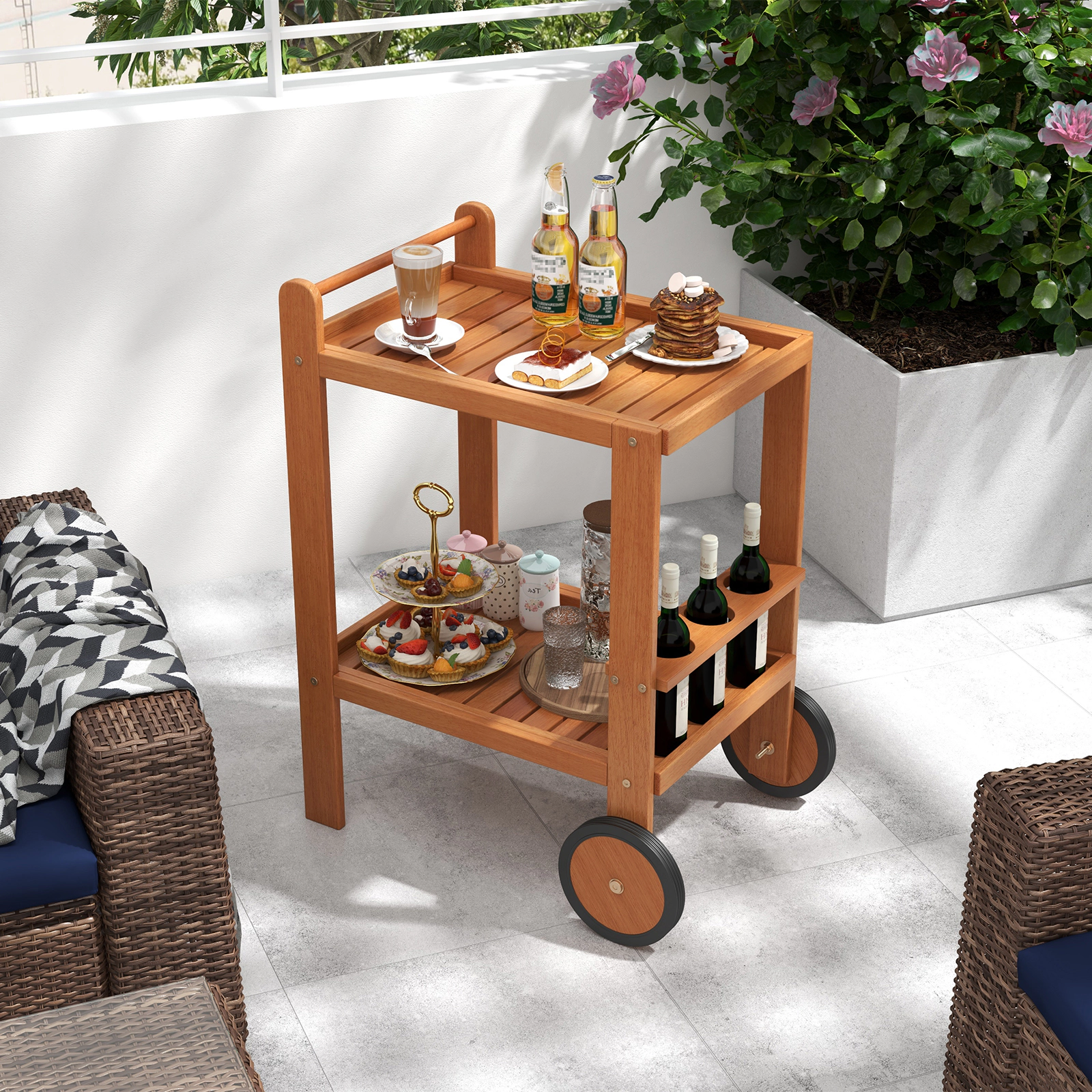 Hivvago 2 Tier Rolling Serving Cart with Wine Bottle Holders and 2 Rubber Wheels