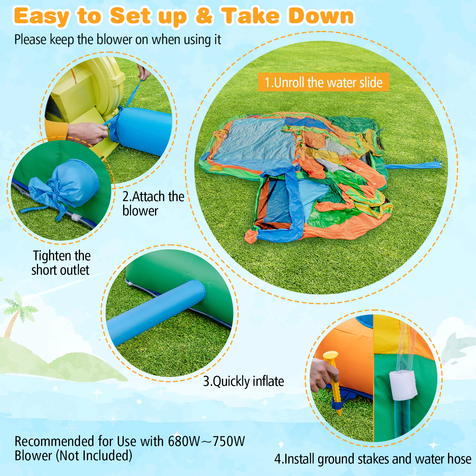SUGIFT Kids Inflatable Water Slide with Two Pools Round Climbing Door and Basketball Hoop No Blower