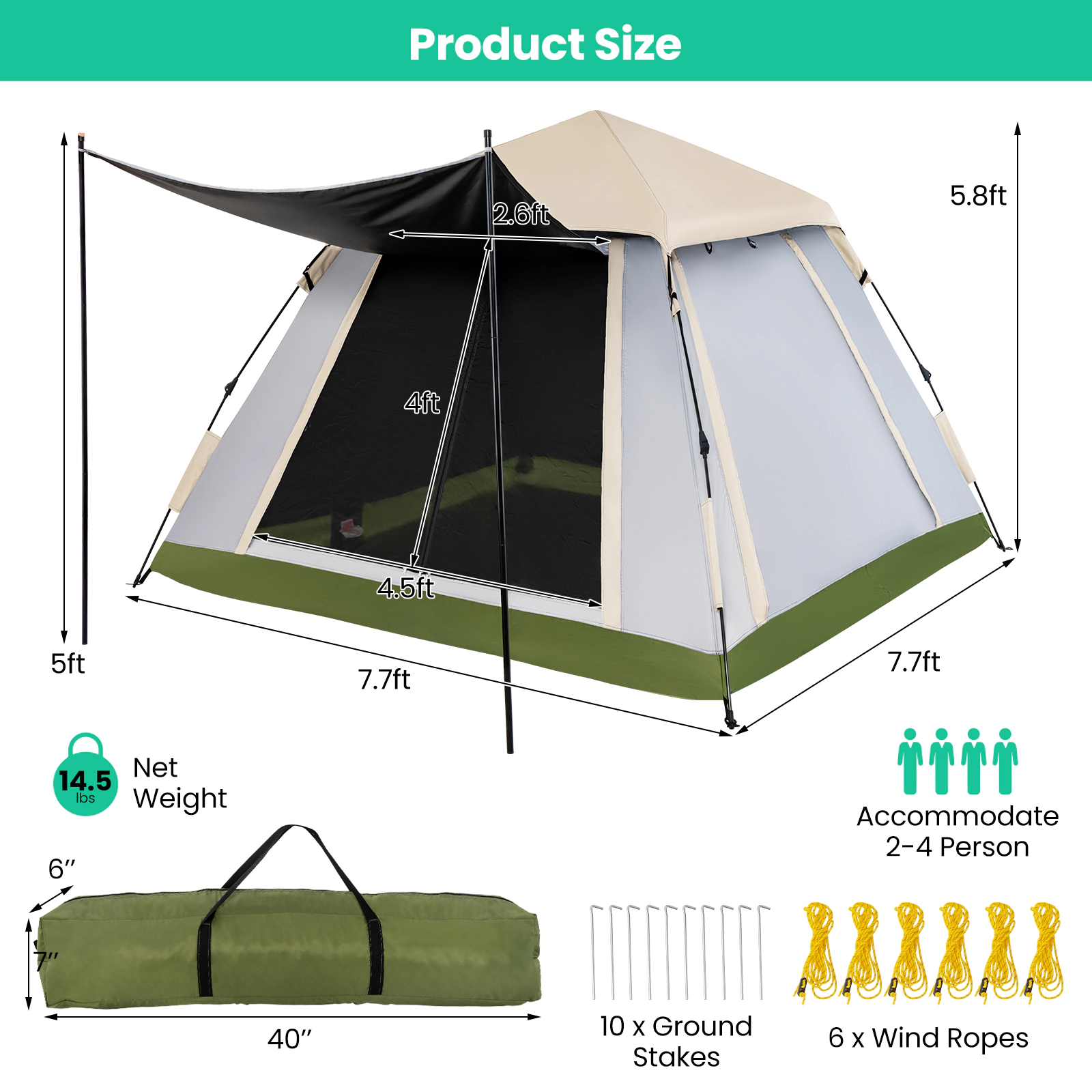 LJG 2-4 Person Instant Pop-up Camping Tent with Removable Rainfly
