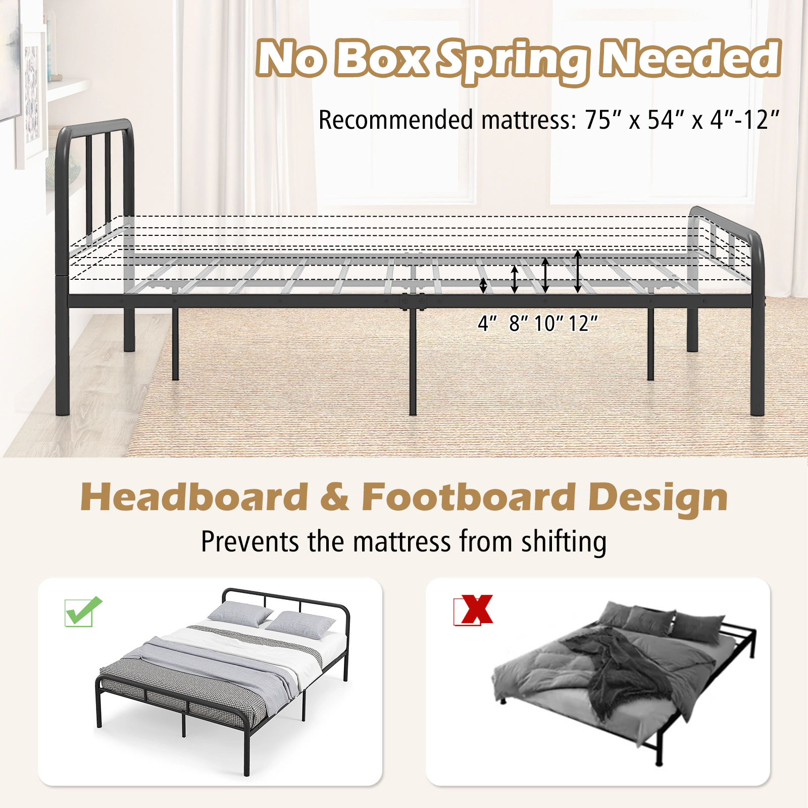 SUGIFT Black Headboard and Footboard No Box Spring Needed Full Size Metal Bed Frame