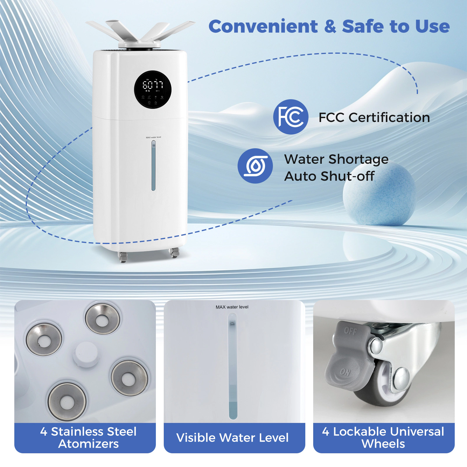 SlickBlue Humidifier for Large Spaces with 3 Mist Levels and Wheels
