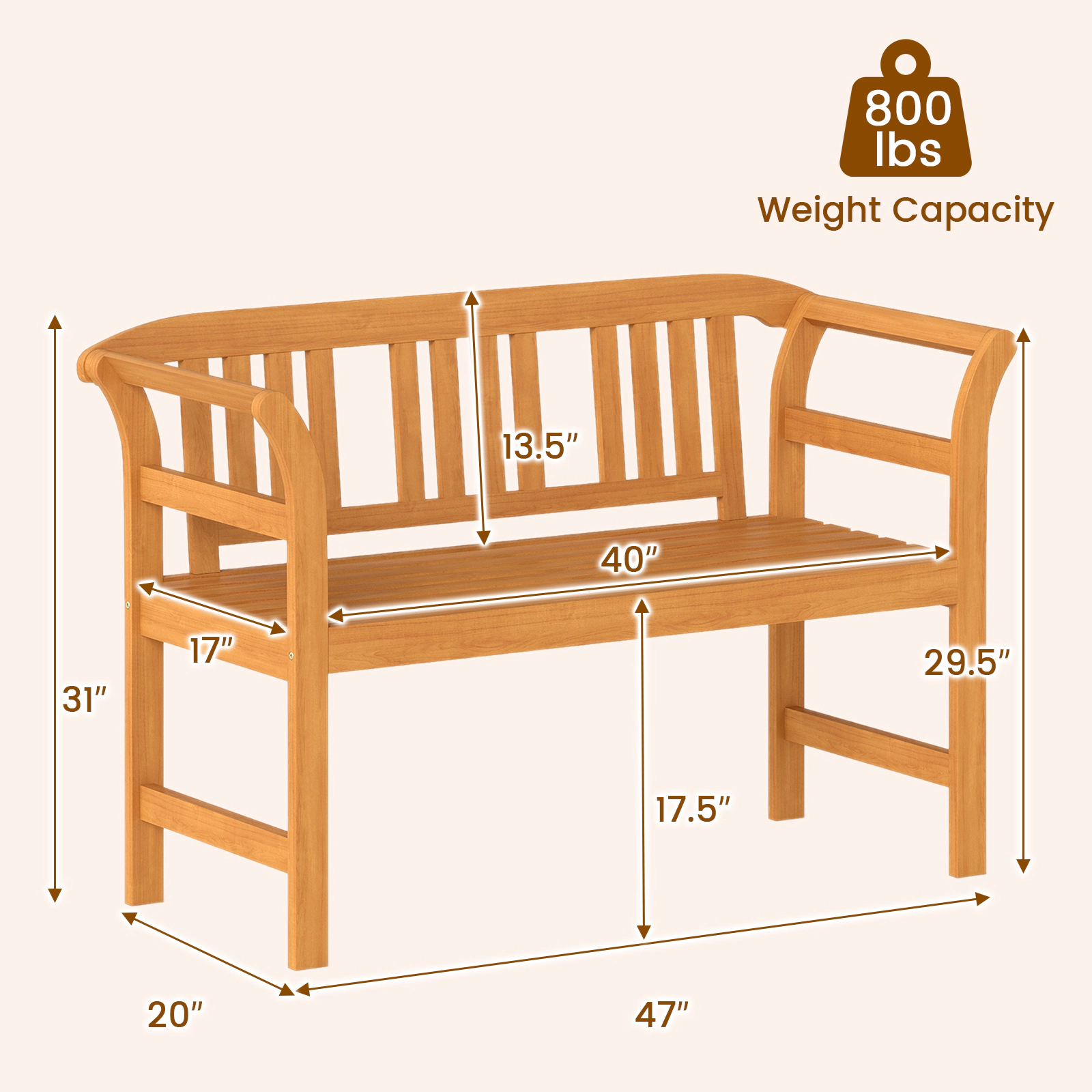 SUGIFT Acacia Wood 2-Person Patio Loveseat Natural with Backrest and Armrests