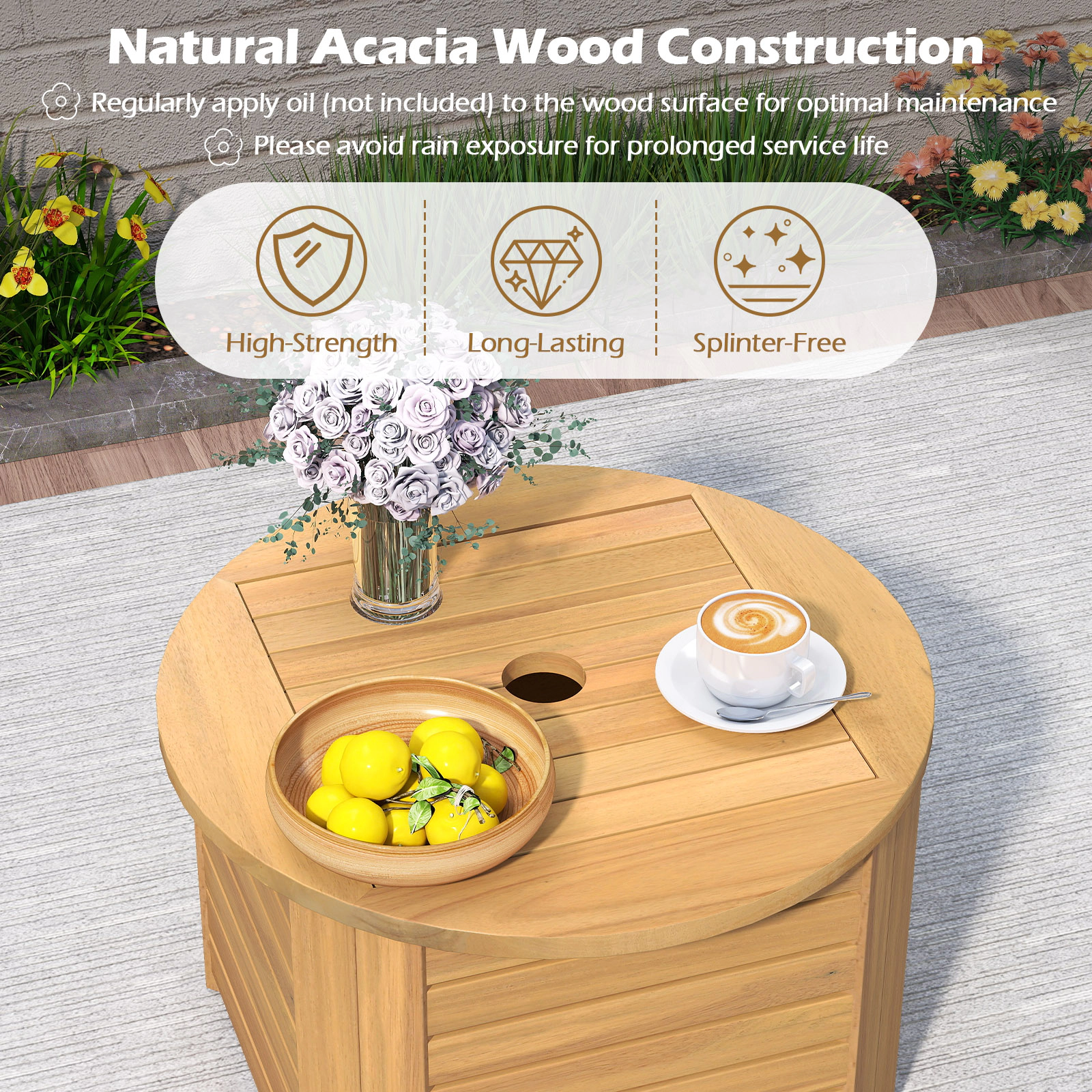 SUGIFT Acacia Wood Removable Top Umbrella Hole Storage Patio Side Table In Natural
