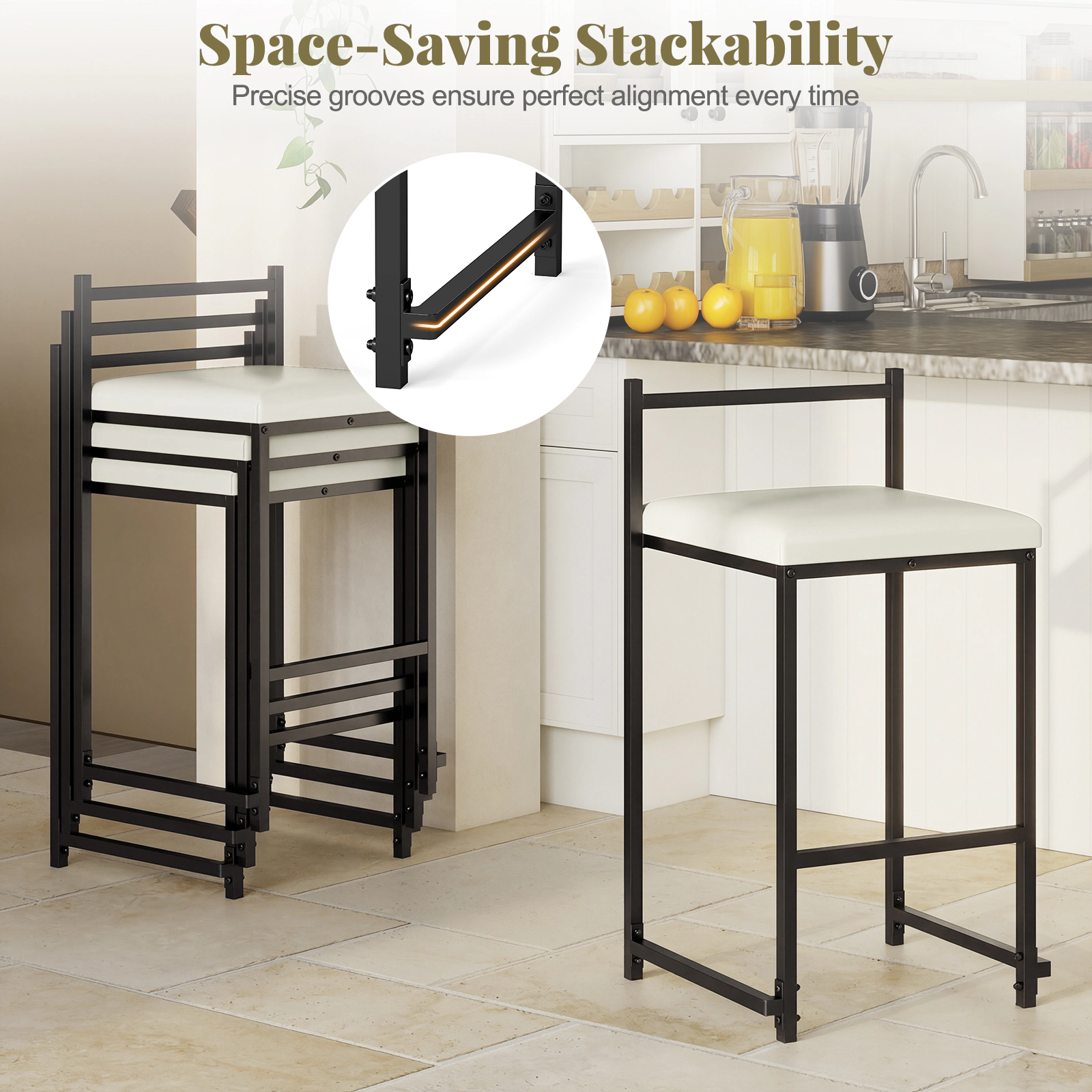 Glintex 2-Piece 26-Inch Stackable Counter Stool Set with PU Leather Seat, Black