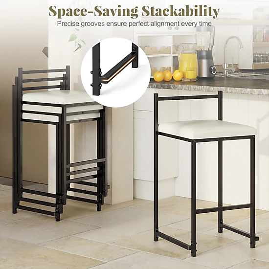 Glintex 2-Piece 26-Inch Stackable Counter Stool Set with PU Leather Seat, Black