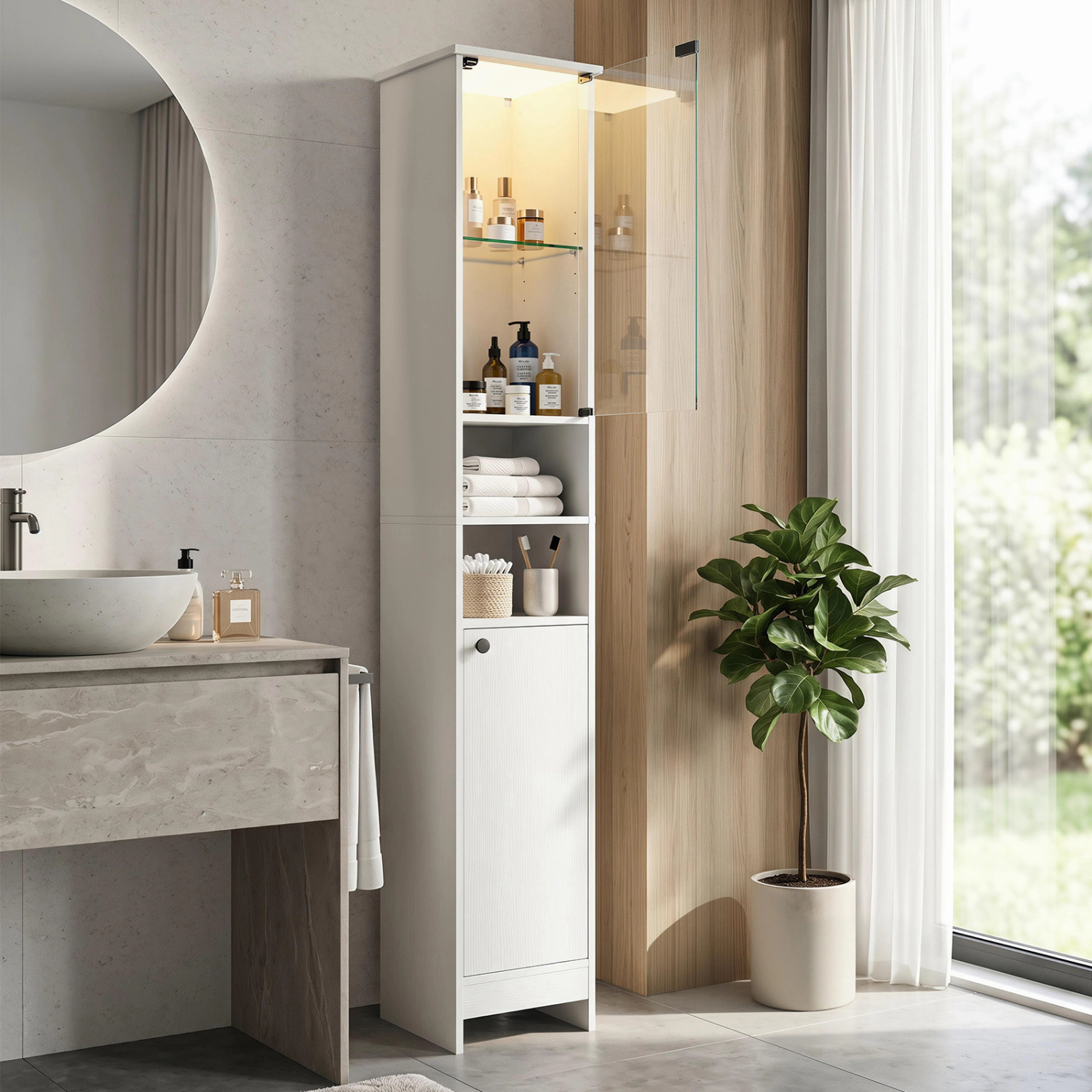 SlickBlue LED Bathroom Cabinet with Glass Door and Adjustable Shelves