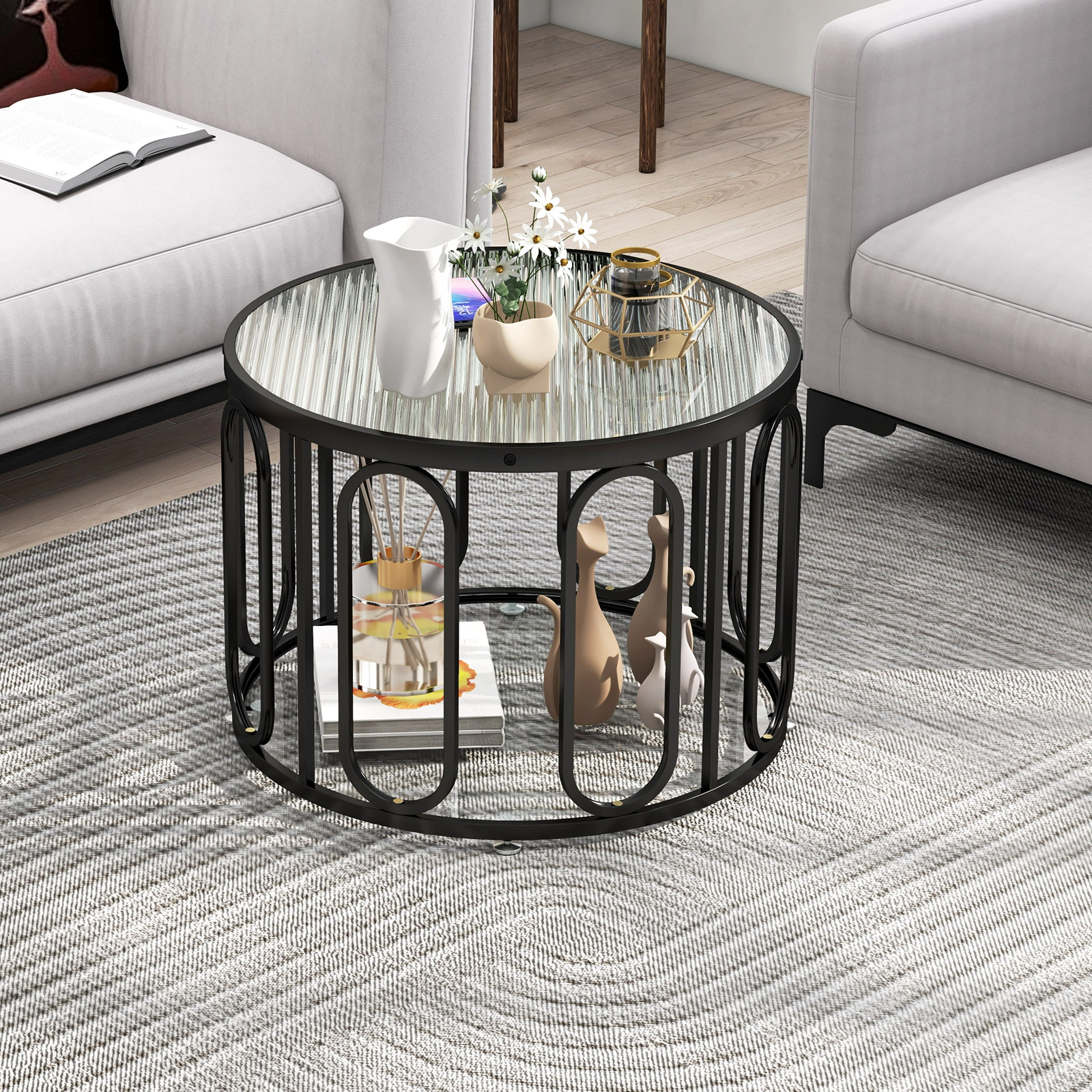 SUGIFT 24-in Round 100-lb Capacity Black Coffee Table with Reeded Tempered Glass Top and Swivel Brackets