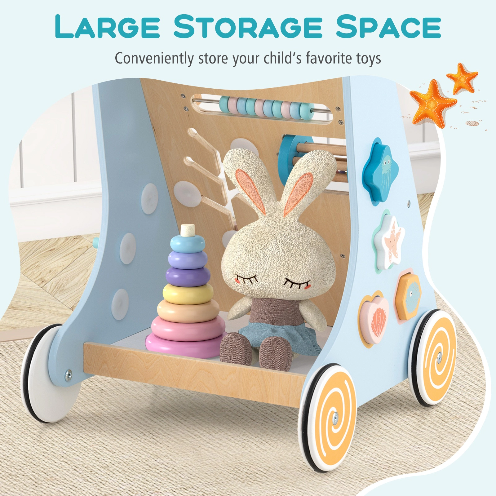 SUGIFT Blue Wheels Wooden Baby Walker 8-in-1 Push and Pull Learning Activity Center
