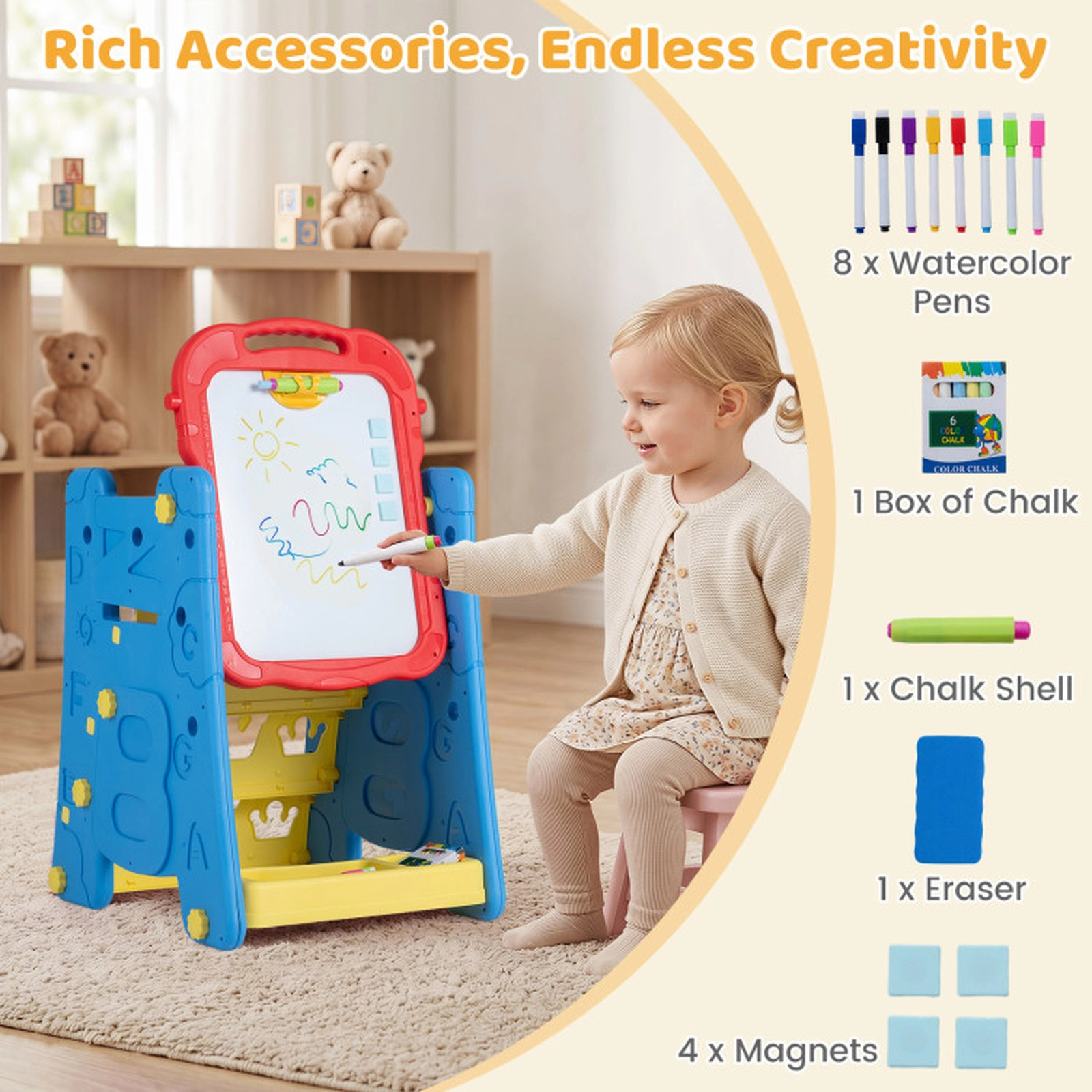 SUGIFT Blue Double-Sided Magnetic Board and Accessories 4-in-1 Kids Art Easel