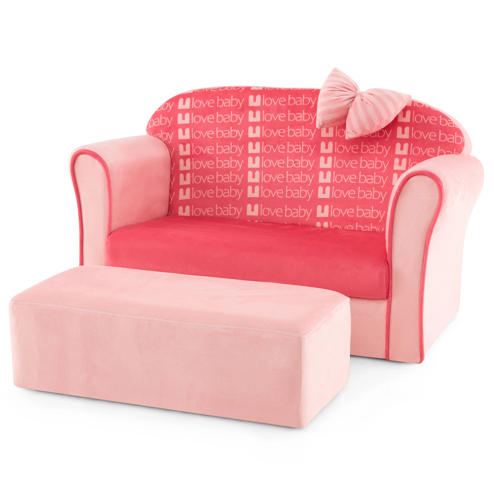 SUGIFT Ultra Soft Velvet Kids Sofa Chair with Ottoman 220-lb Couch 110-lb Ottoman Capacity Ages 0-5 Pink