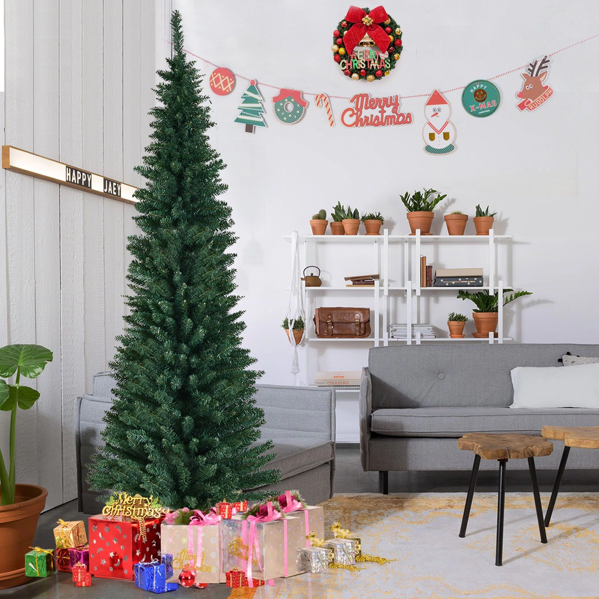 Glintex 7-Ft Slim Pencil Christmas Tree with 700 Tips and Sturdy Iron Base, Green