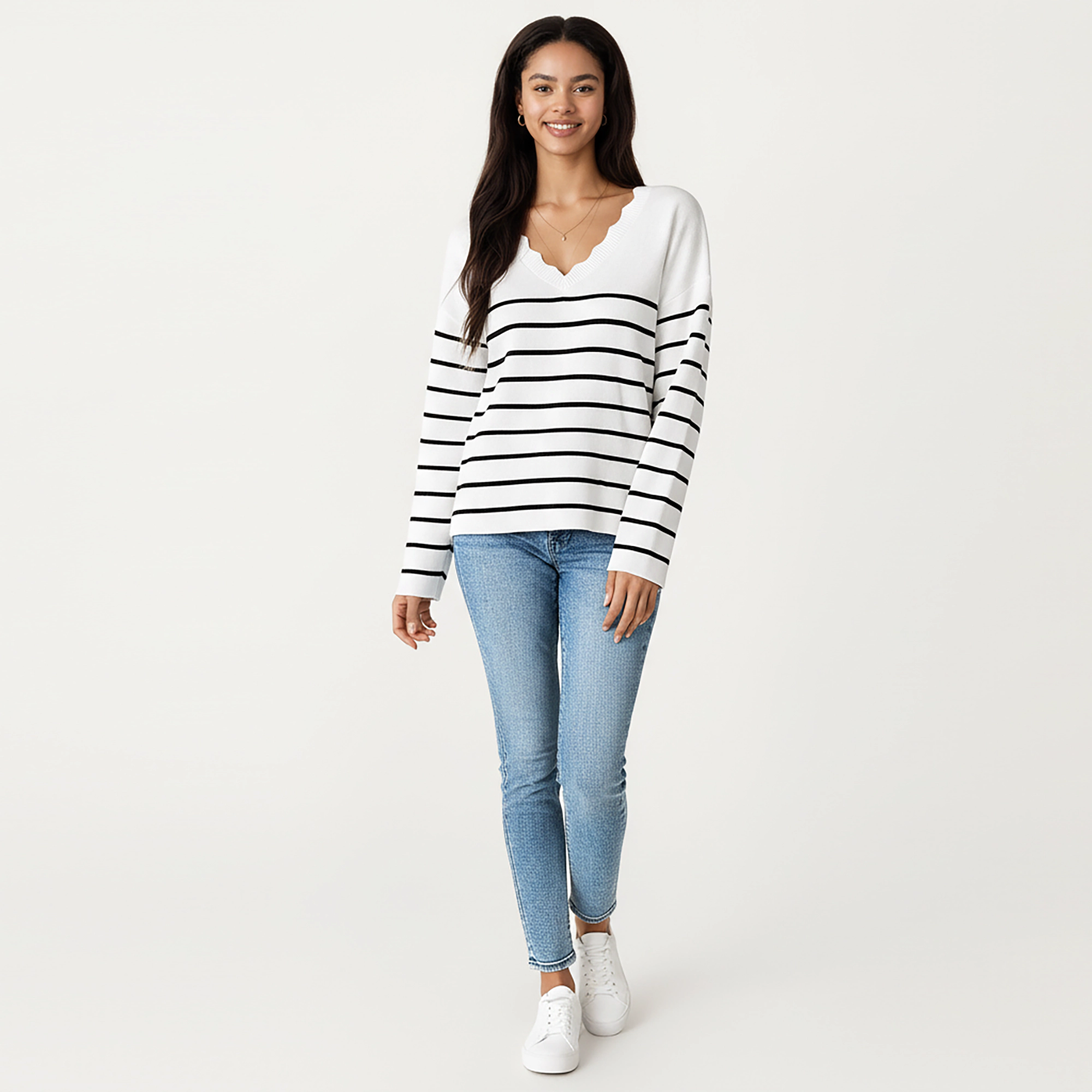 Anna-Kaci Women's Striped Knit Top with Scalloped V-Neckline and Soft Textured Fabric for Effortless Everyday Style