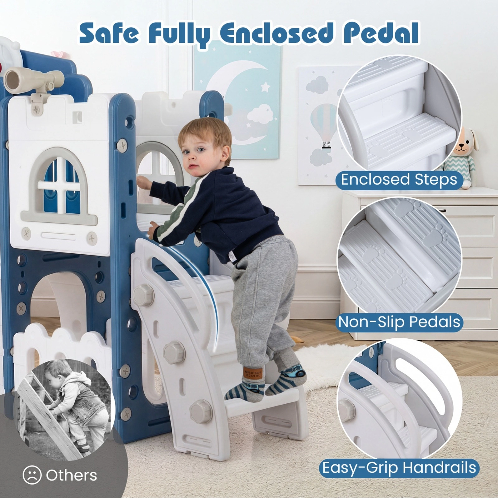 SUGIFT Toddler Blue All-in-1 Slide Playset with Tunnel and Basketball Hoop 70-in W 40.5-in H 110-lb Child Capacity