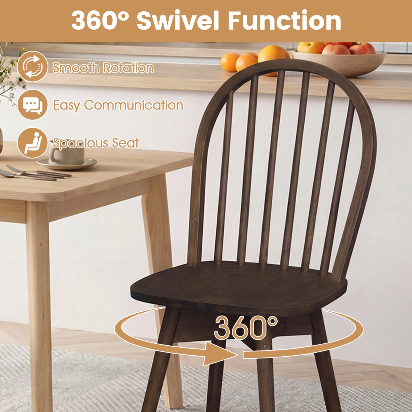 SUGIFT Swivel Windsor Dining Chairs Set of 2 with Solid Rubber Wood Frame 330-lb Capacity Walnut
