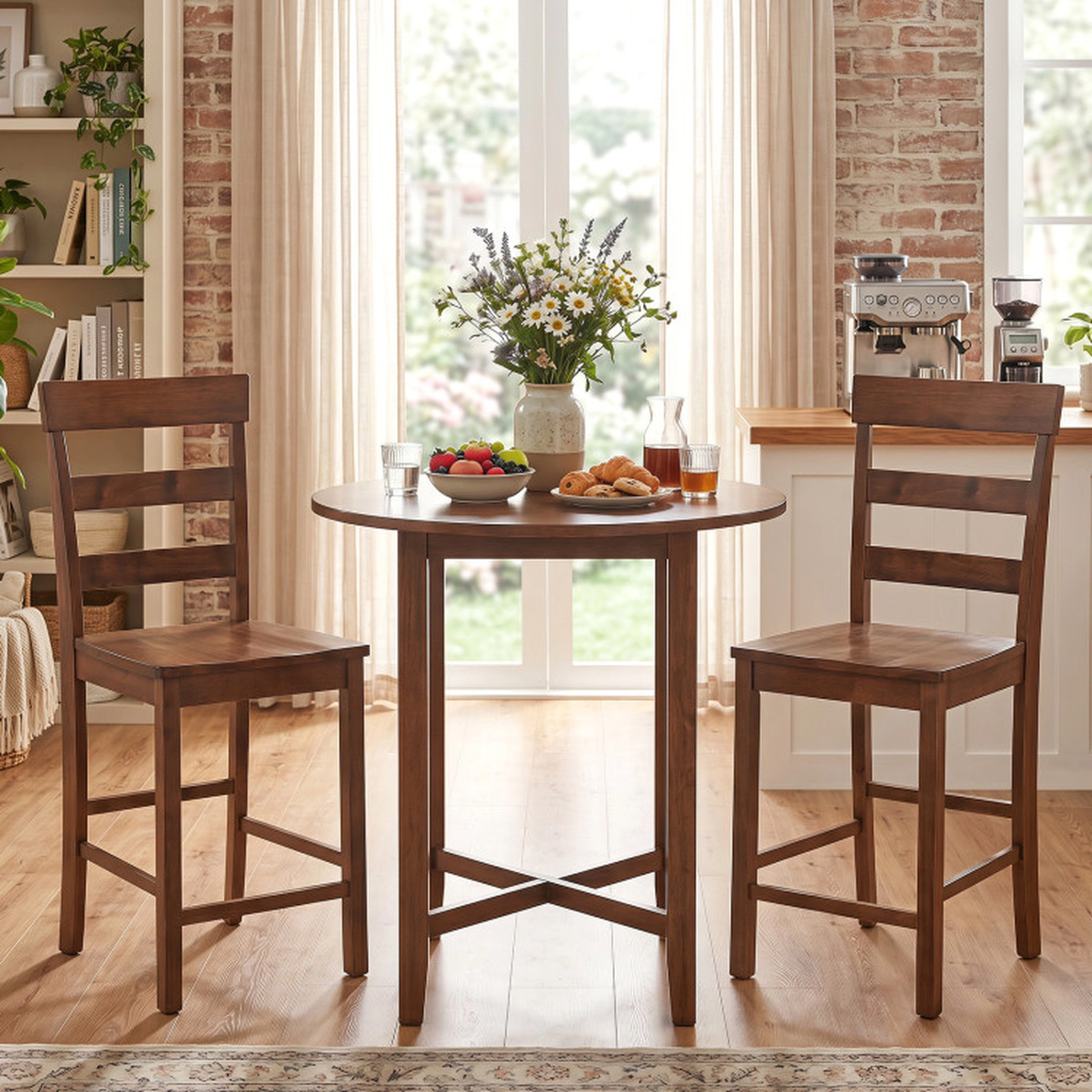 SUGIFT 24-in Counter Height Rubber Wood Bar Stools Set of 2 with Backrest and Footrest 330-lb Seat Capacity Brown