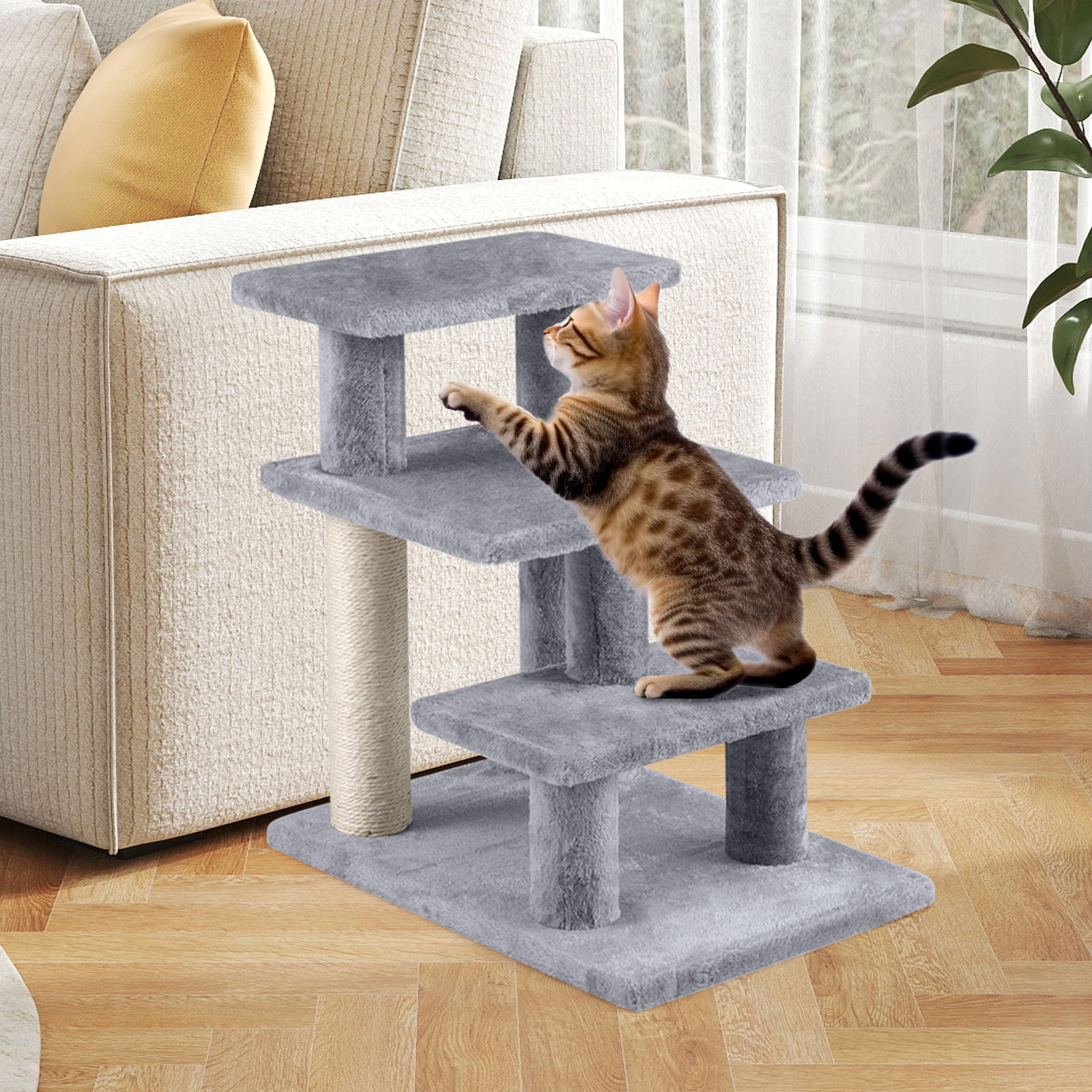 SUGIFT 18.5-in Gray 3-Tier Cat Stairs Pet Steps for High Bed and Sofa with Sisal Posts and Plush Treads