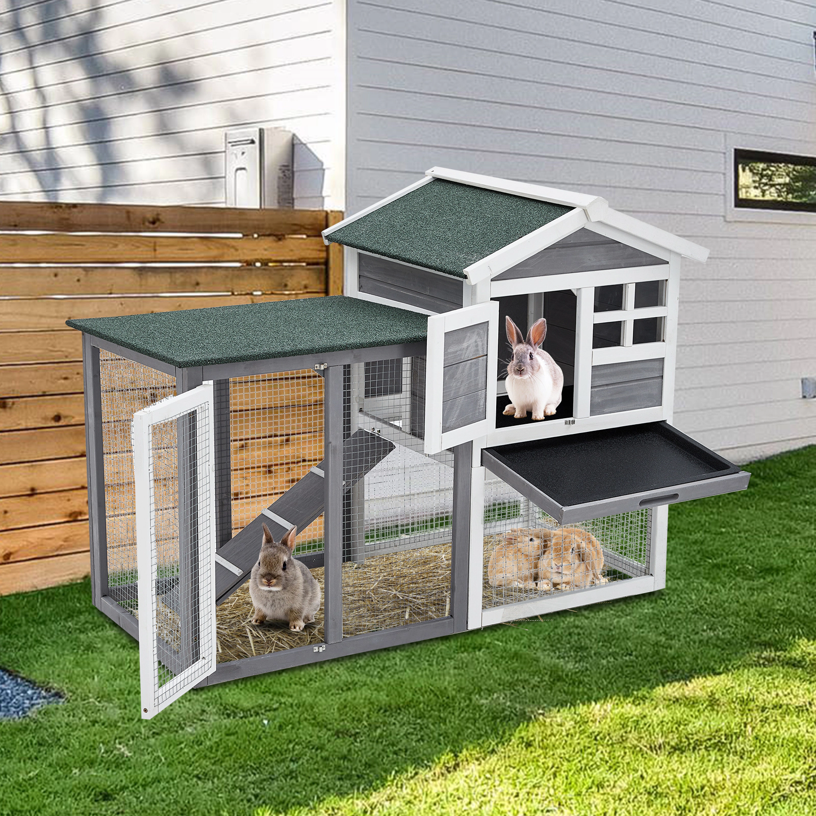 48" 2-Story Wooden Rabbit Hutch with Ramp, Weatherproof Roof, Pull-Out Trays for 2 Rabbits, Guinea Pigs & Small Pets