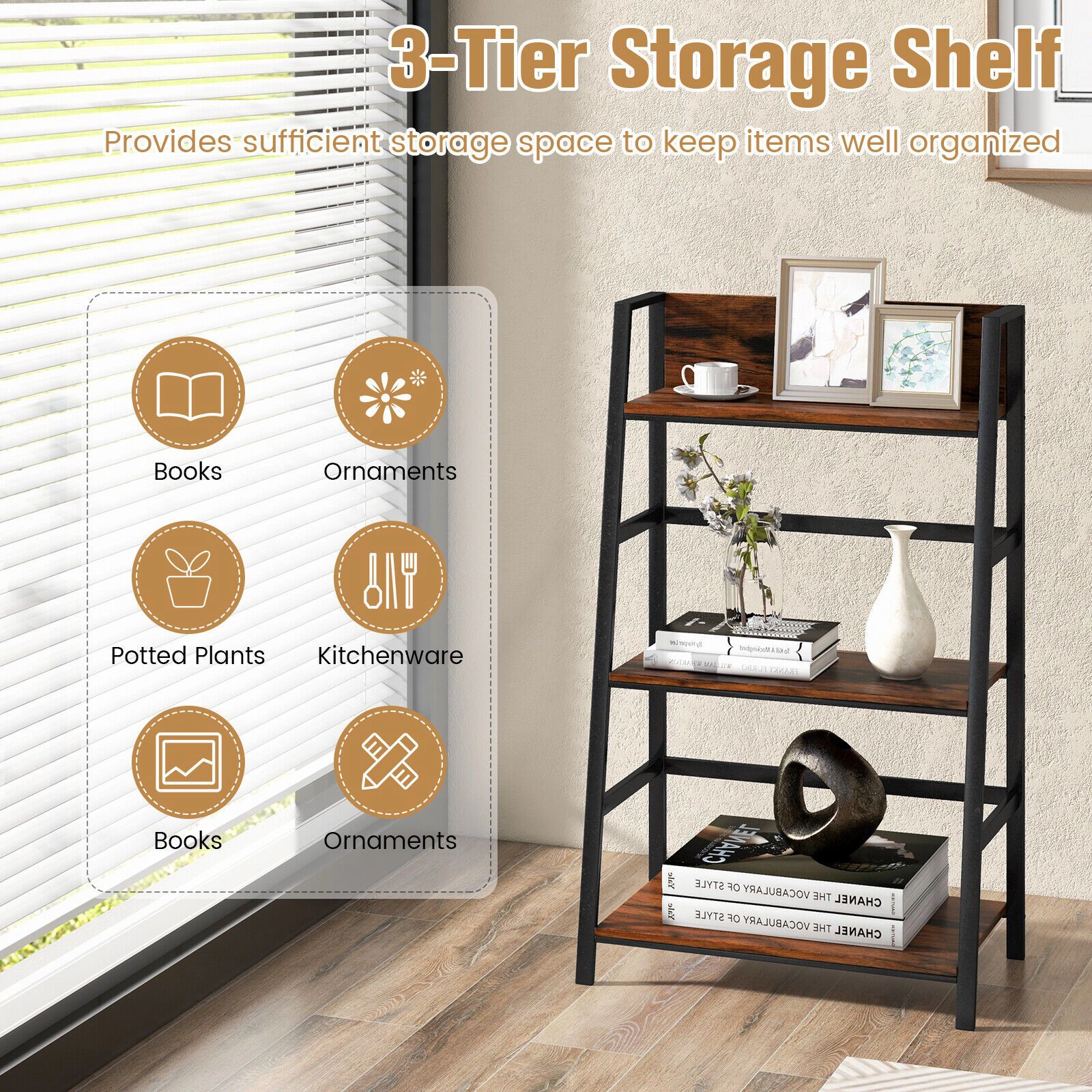 SlickBlue 3-Tier Ladder Shelf, Industrial Storage Bookshelf