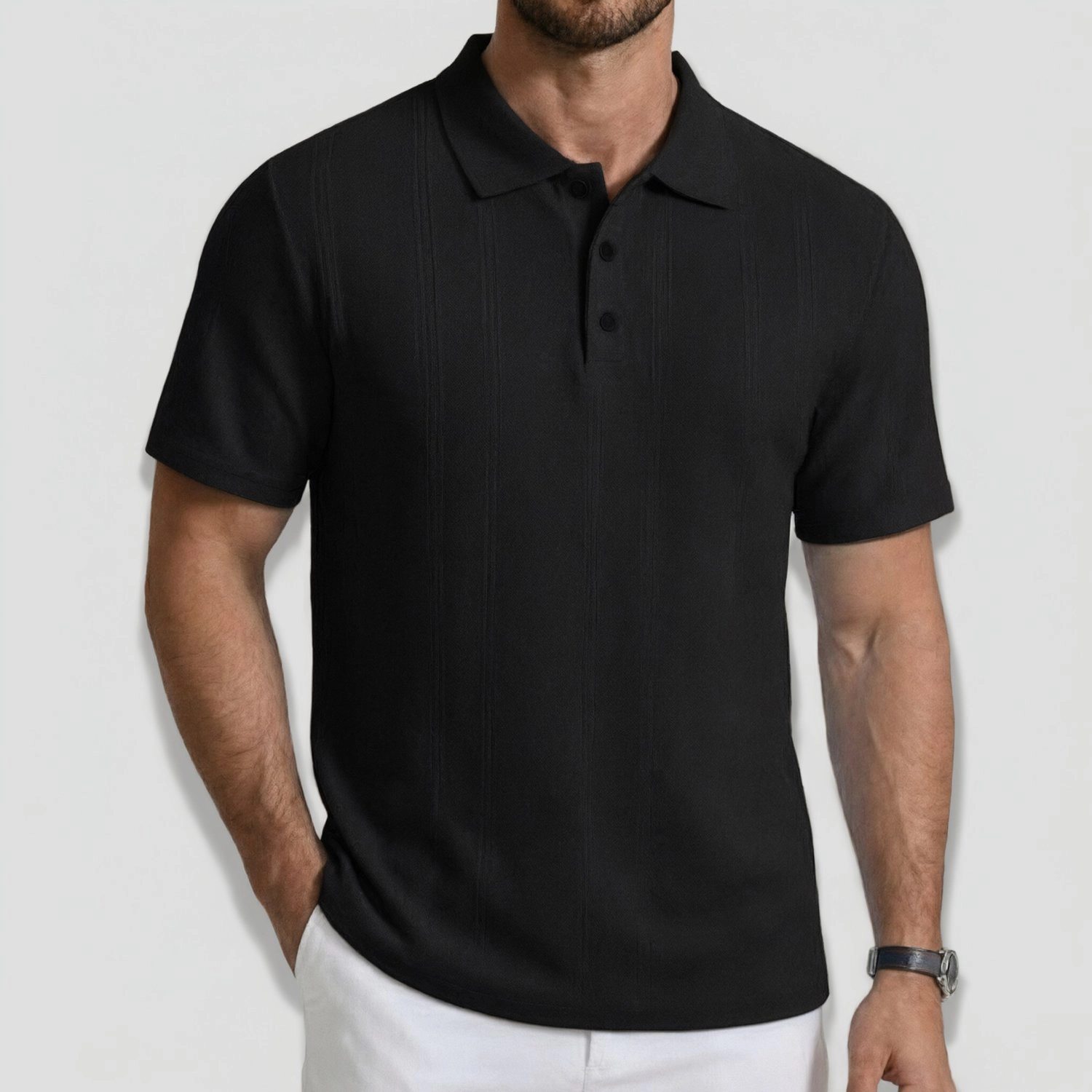 COOFANDY Mens Textured Polo Shirts Short Sleeve Button Collar Striped Casual Tops