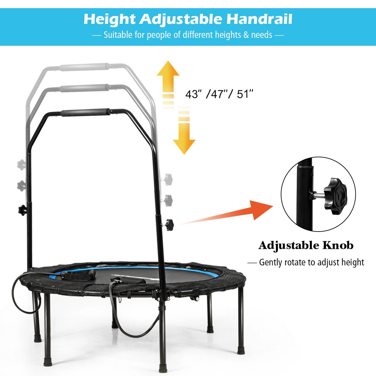 SUGIFT 40-in 330-lb Capacity Foldable Fitness Rebounder Trampoline with 3-Height Handrail and Resistance Bands