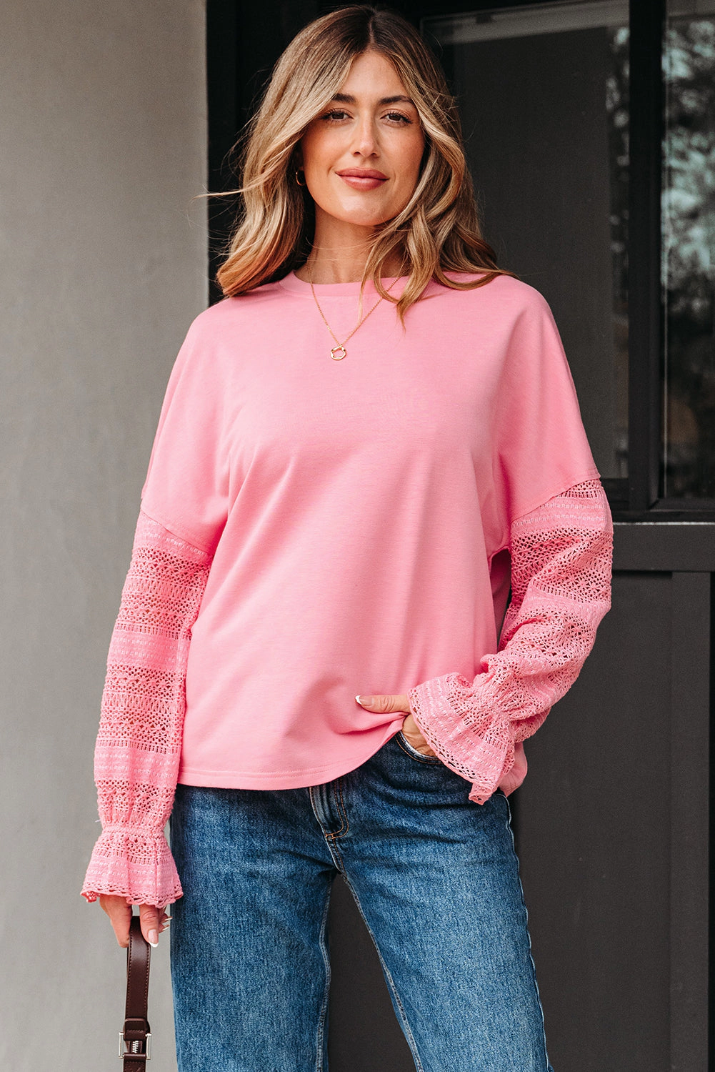 Threaded Pear Women's Brielle Lace Ruffled Sleeve Patchwork Loose Sweatshirt