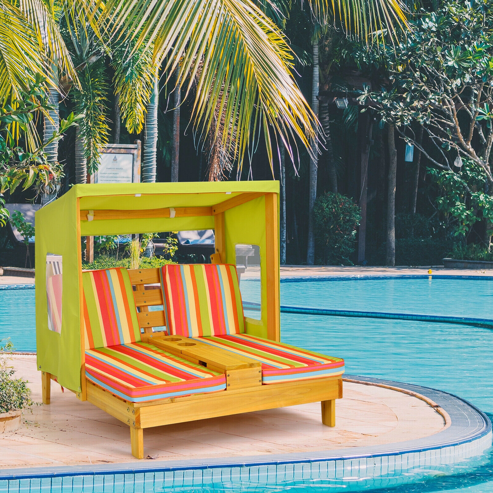SUGIFT Cup Holders and Striped Awning Kids Double Patio Lounge Chair