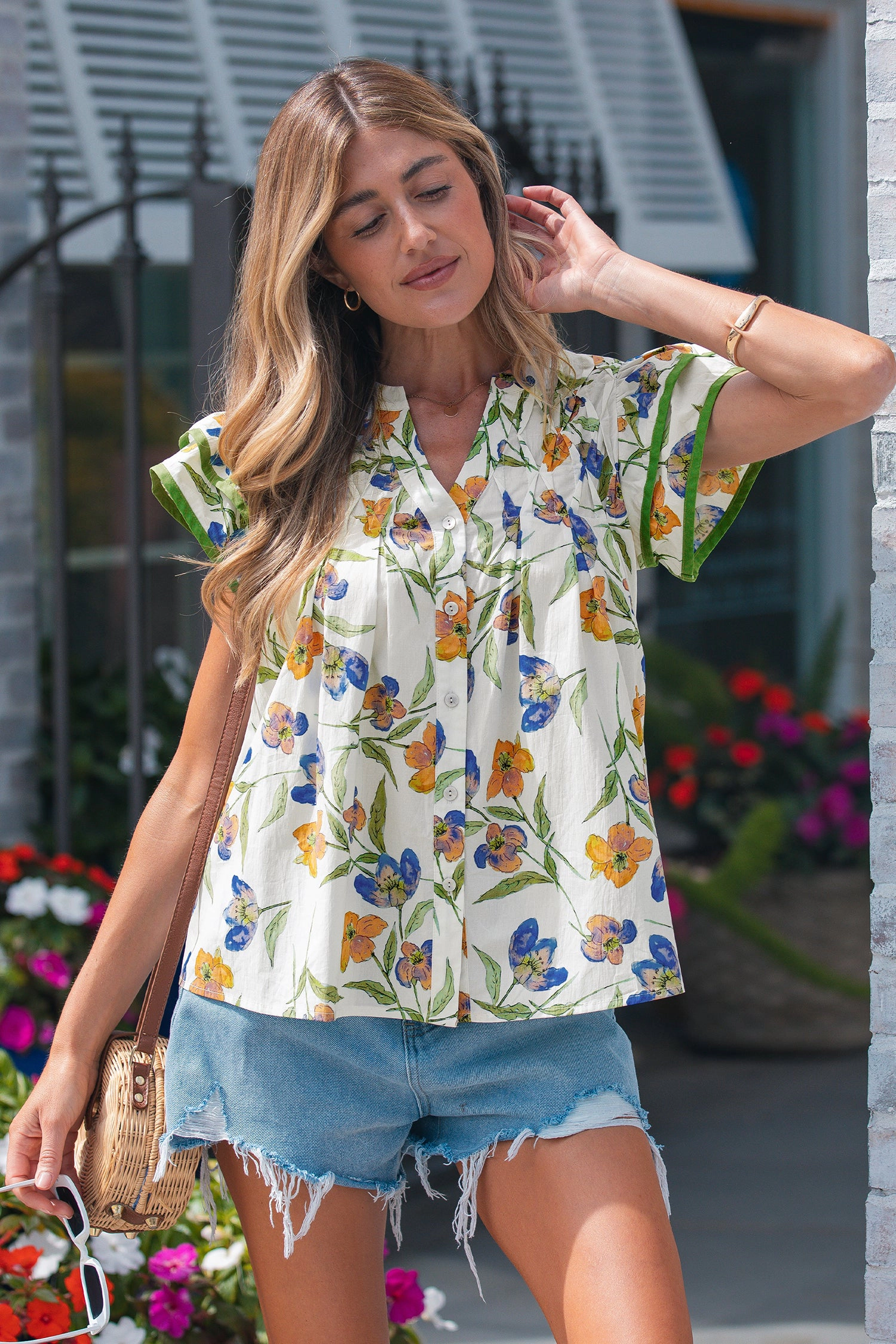 Threaded Pear Womens Kaliyah Binding Tape Cotton Blouse