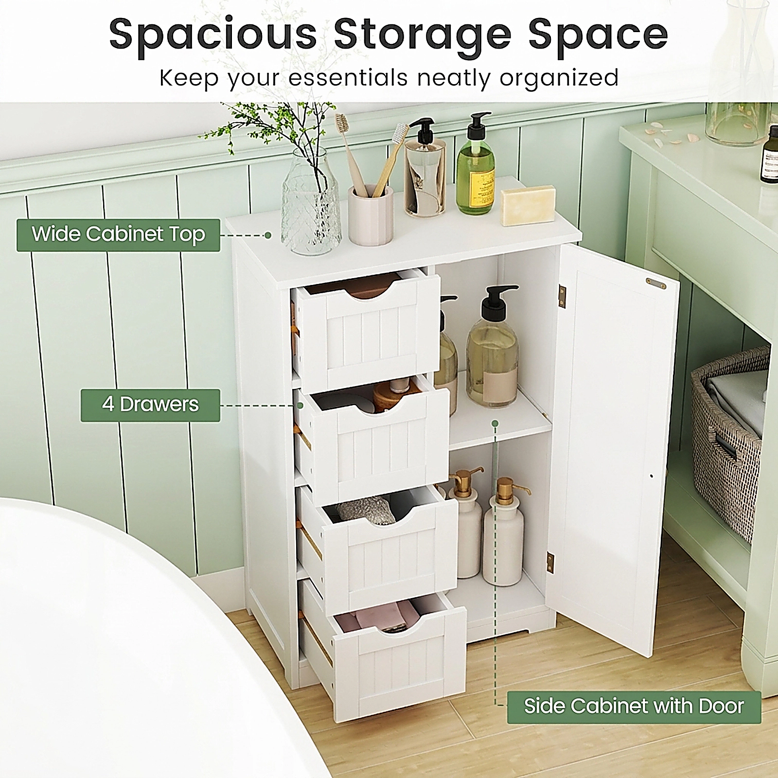 SUGIFT White 143-lb Capacity 4-Drawer Freestanding Wood Storage Cabinet with Side Door and Anti-Tip Kits