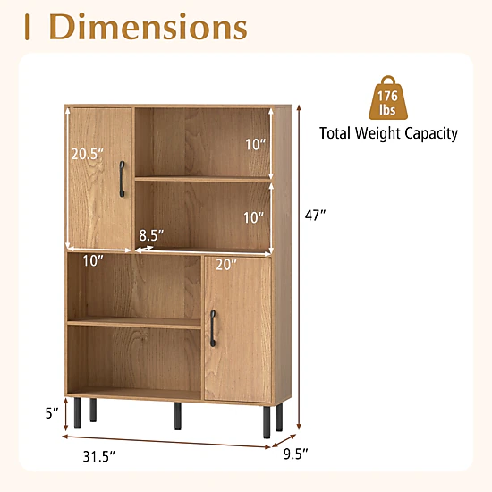 SUGIFT 47-in 31.5 x 9.5 x 47 in Freestanding Storage Cabinet Bookcase 2 Doors & 4 Open Shelves 176-lb Capacity Natural