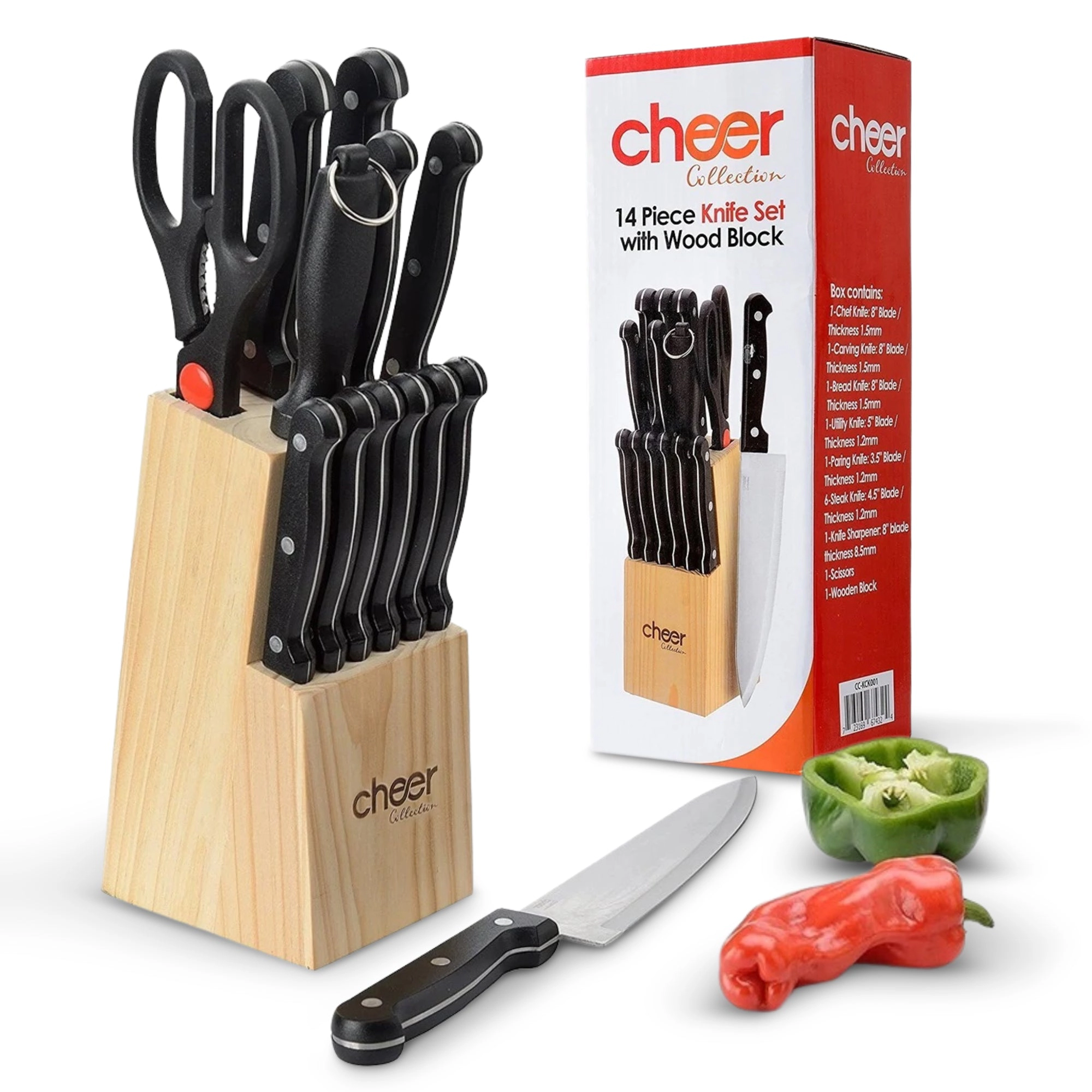 Cheer Collection 13pc Kitchen Knife Set with Wooden Block for Professional Kitch